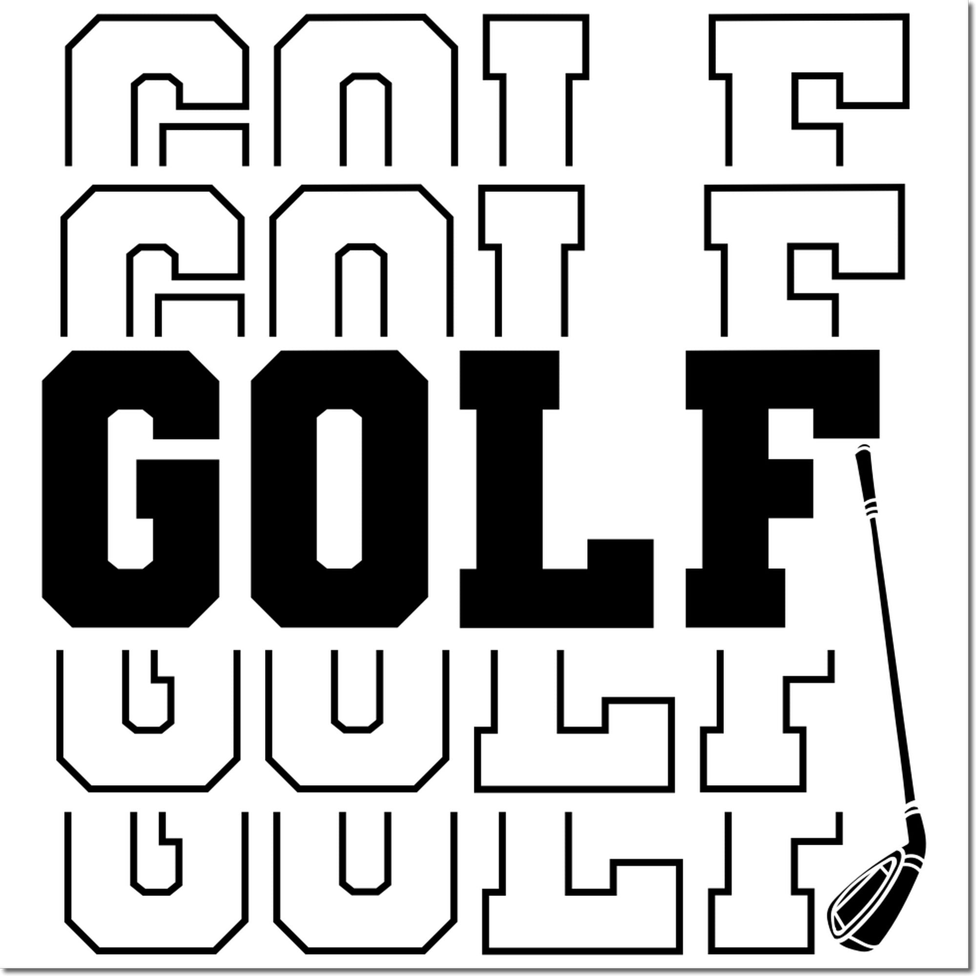Golf rubber stamp design with bold block letters, outline and solid letter variations, plus golf club graphic.