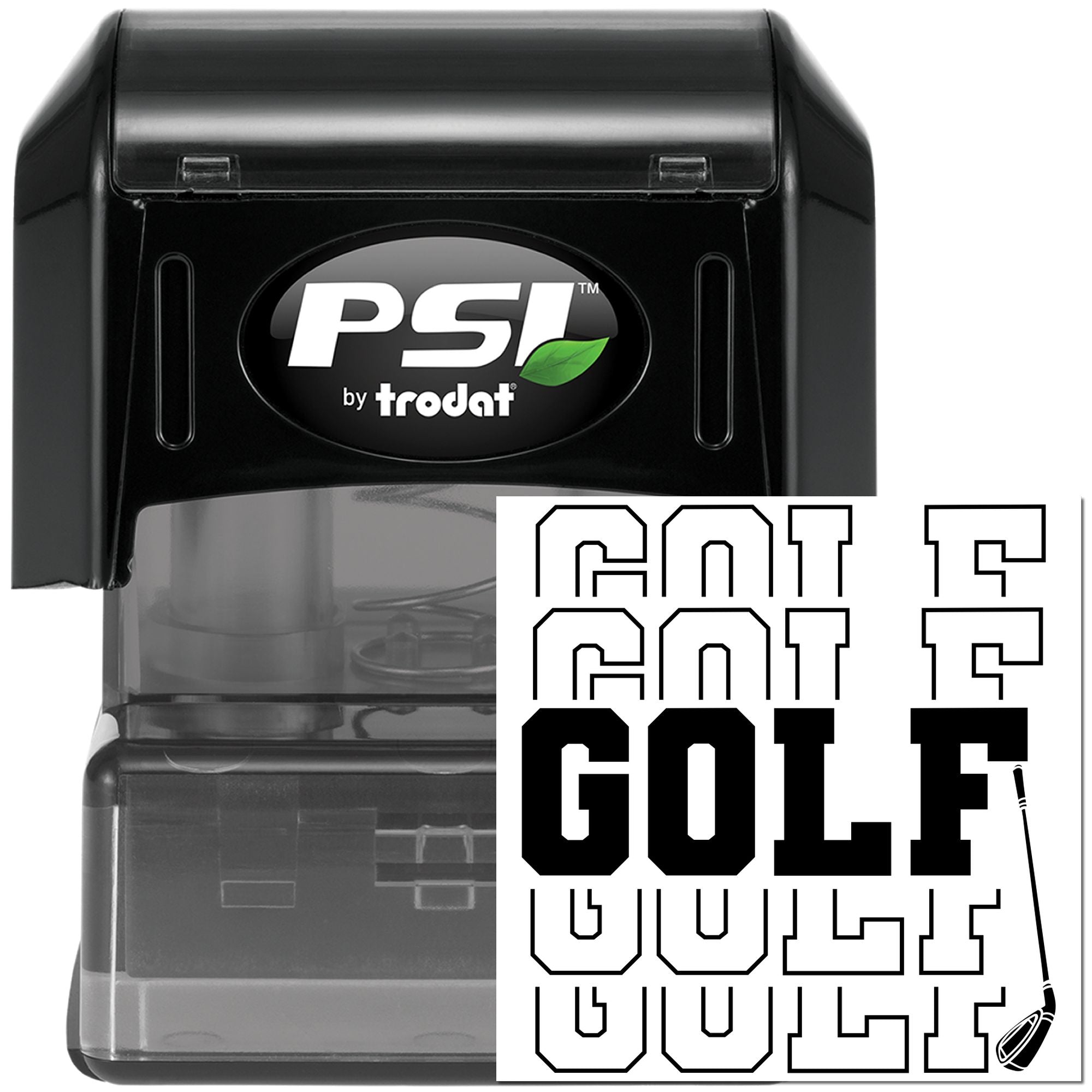 PSI by Trodat self-inking golf rubber stamp with custom GOLF design for personalizing scorecards and golf gear.