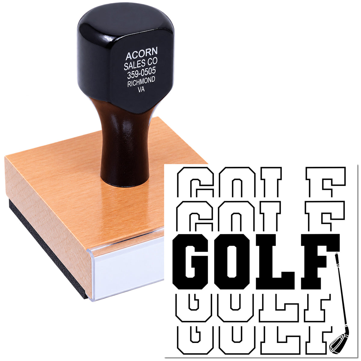 Custom golf rubber stamp with golfer graphic and bold GOLF design for personalized sports branding and stationery.