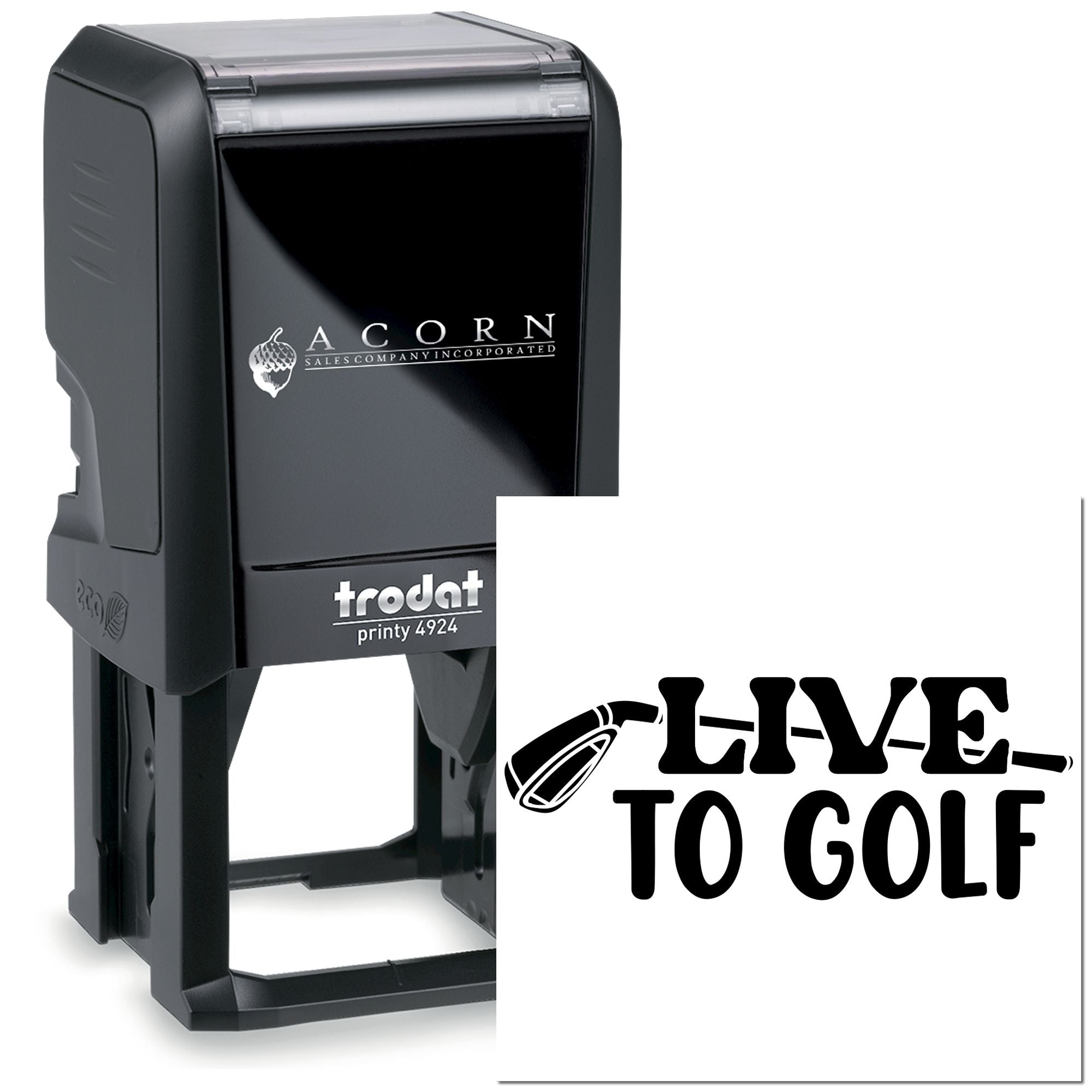 Custom self-inking rubber stamp with golf logo and Live to Golf text, Trodat Printy 4924 for personalized branding.