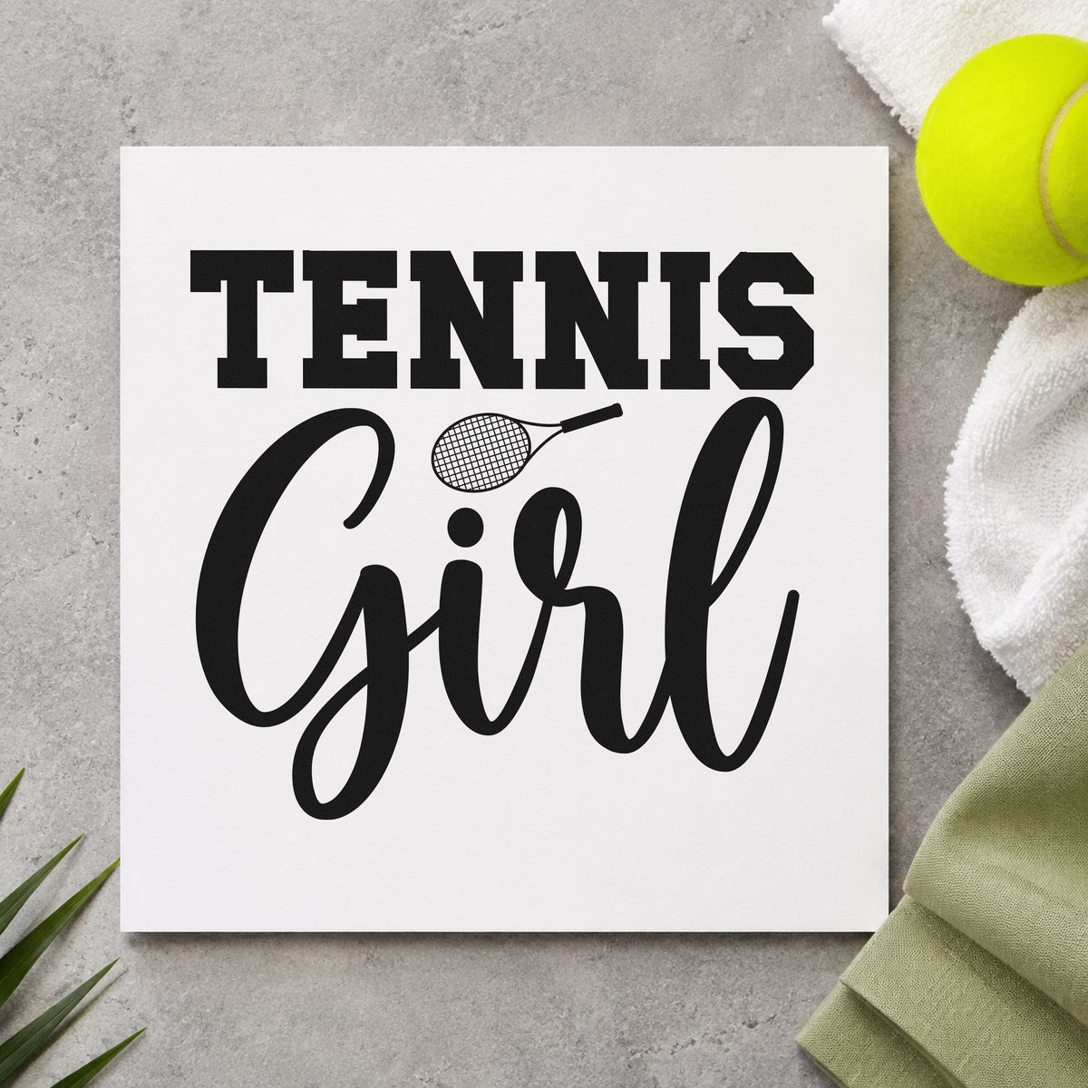 Tennis Girl Racket Lettering craft stamp in black ink on cardstock, an easy option for junior album page.