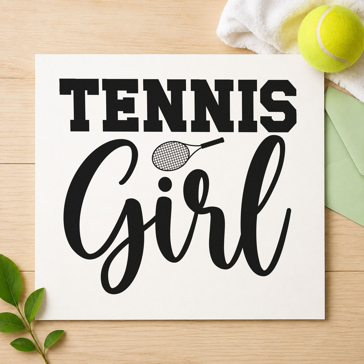 Tennis Girl Racket Lettering rubber stamp printed in black ink, ready for match result sheet and similar paper crafts.