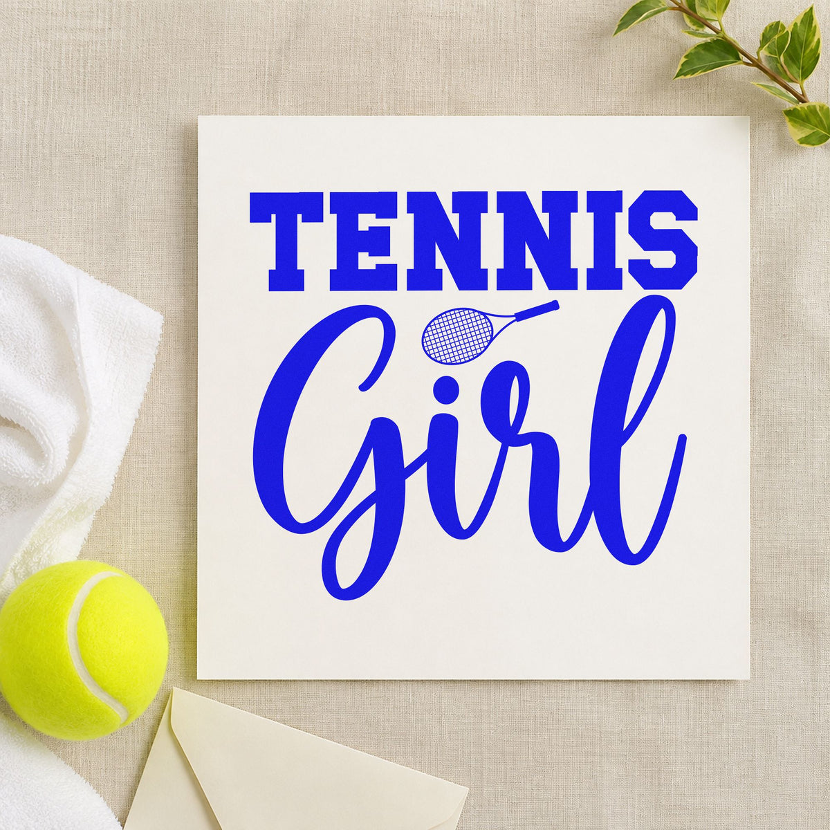 Tennis Girl Racket Lettering craft stamp in blue ink on cardstock, an easy option for racket bag printing.