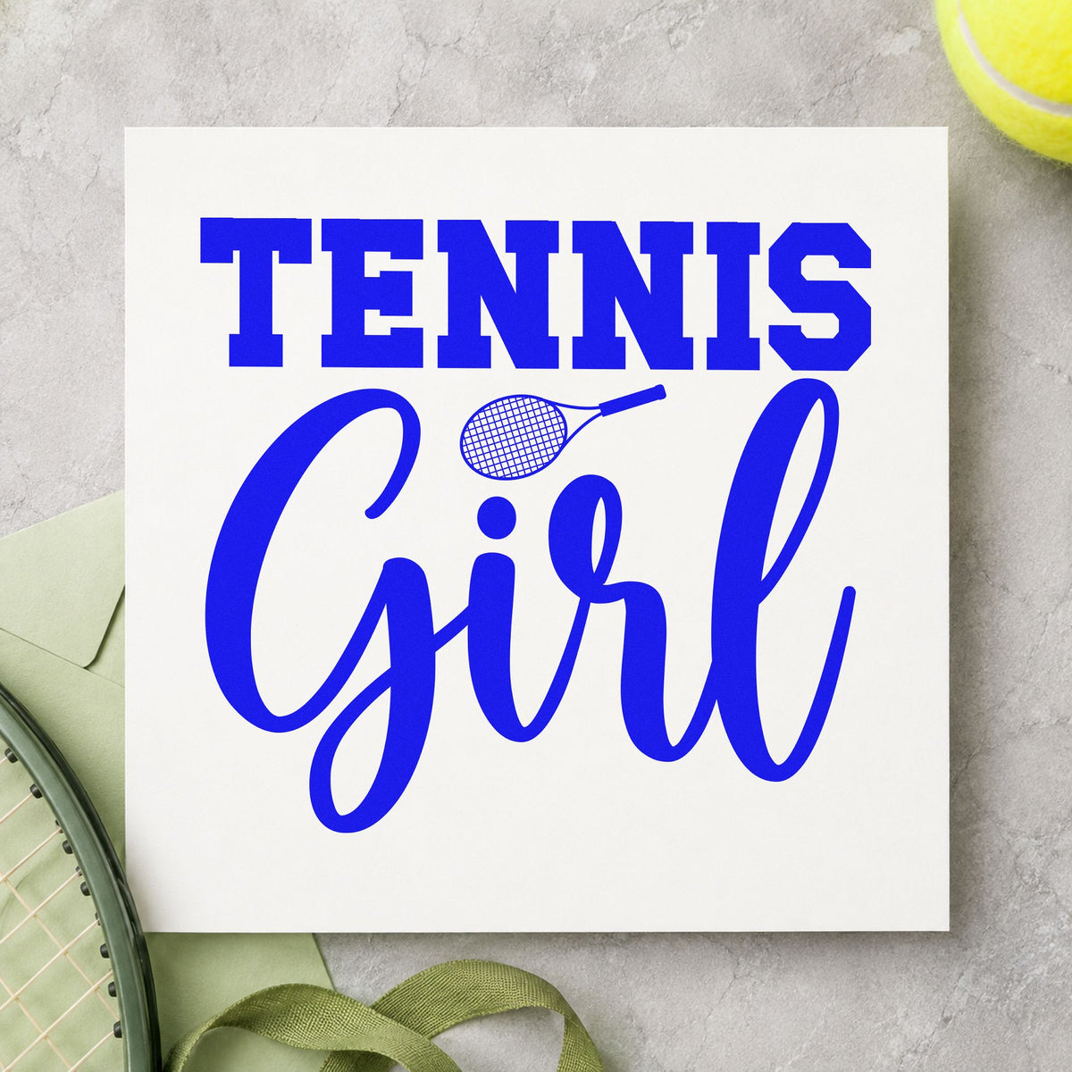 Tennis Girl Racket Lettering craft stamp imprinted in blue ink on paper, a design suited to framed court fence.