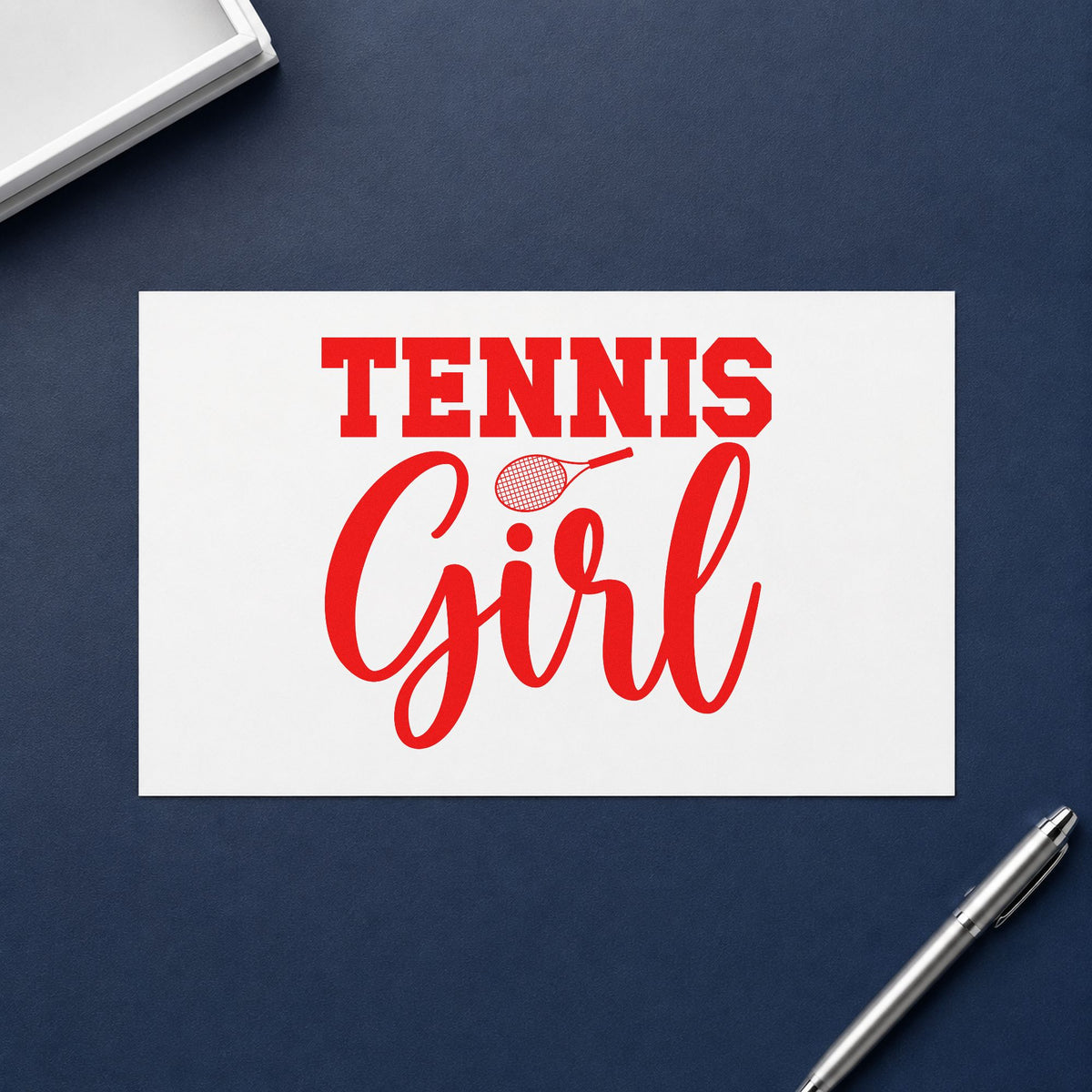 Tennis Girl Racket Lettering craft stamp imprint in red ink on a handmade project, one idea being match note cards.