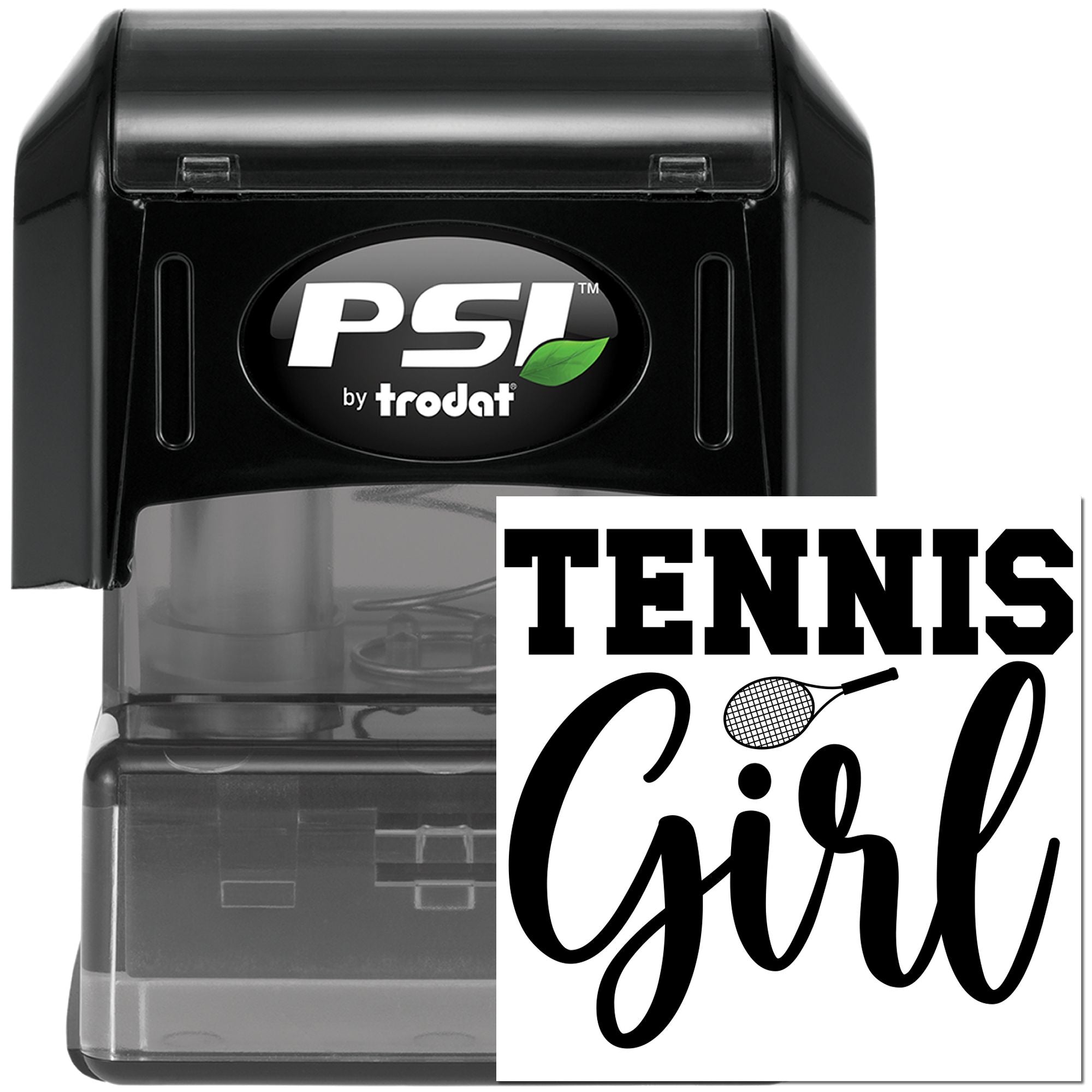 Tennis Girl self-inking rubber stamp by PSI Trodat, ideal for personalized tennis-themed stationery, crafts, and team branding.