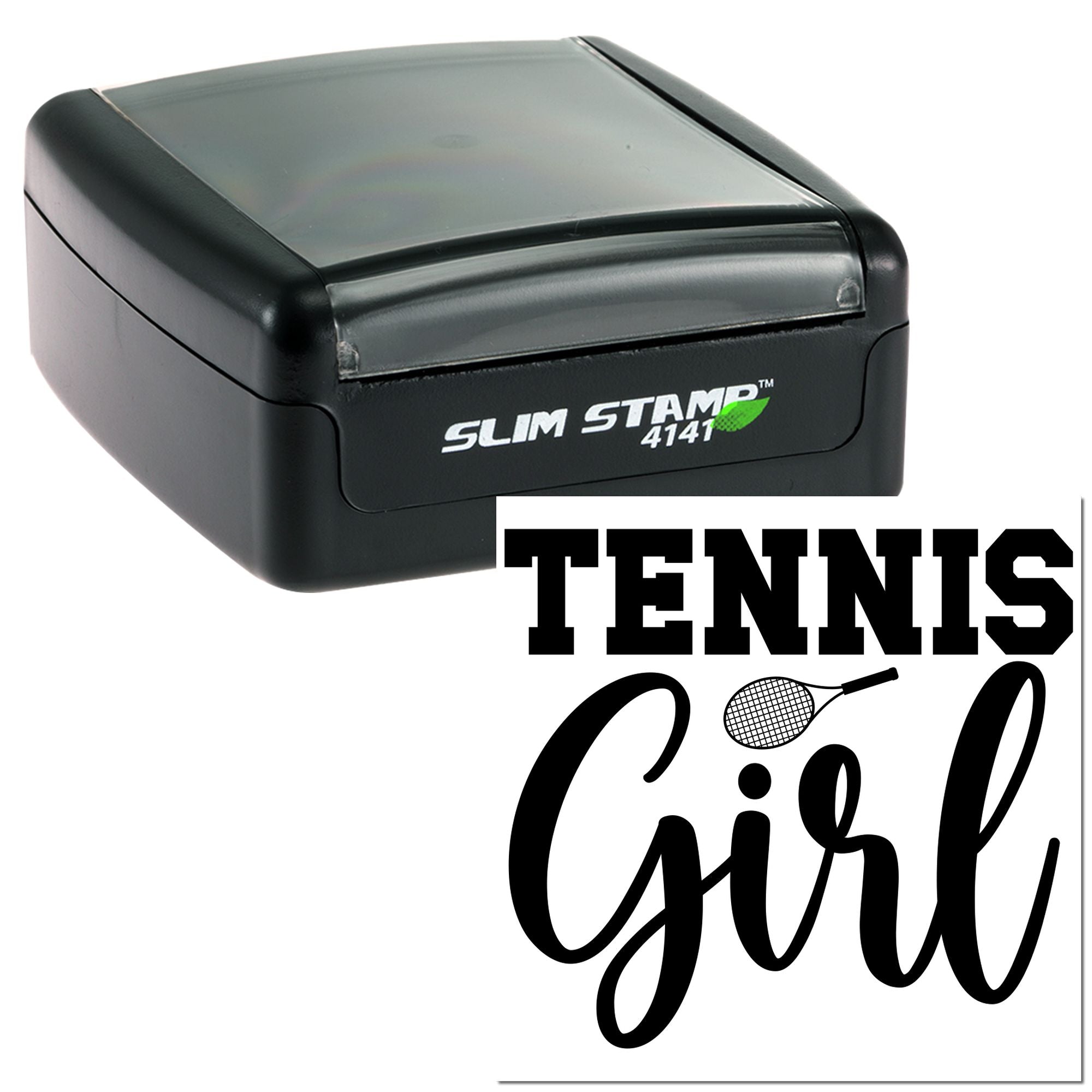 Slim self-inking rubber stamp featuring Tennis Girl design with tennis racquet icon