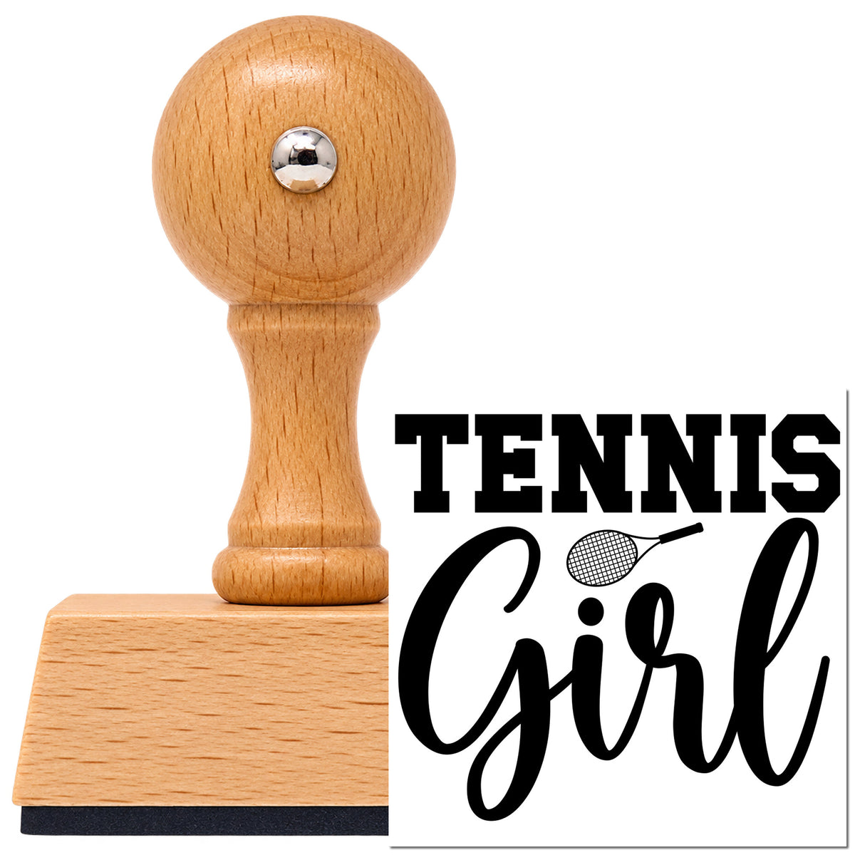 Tennis Girl Racket Word Art Vintage Pro rubber stamp in European beech wood with a round knob handle, shown beside its black imprint.