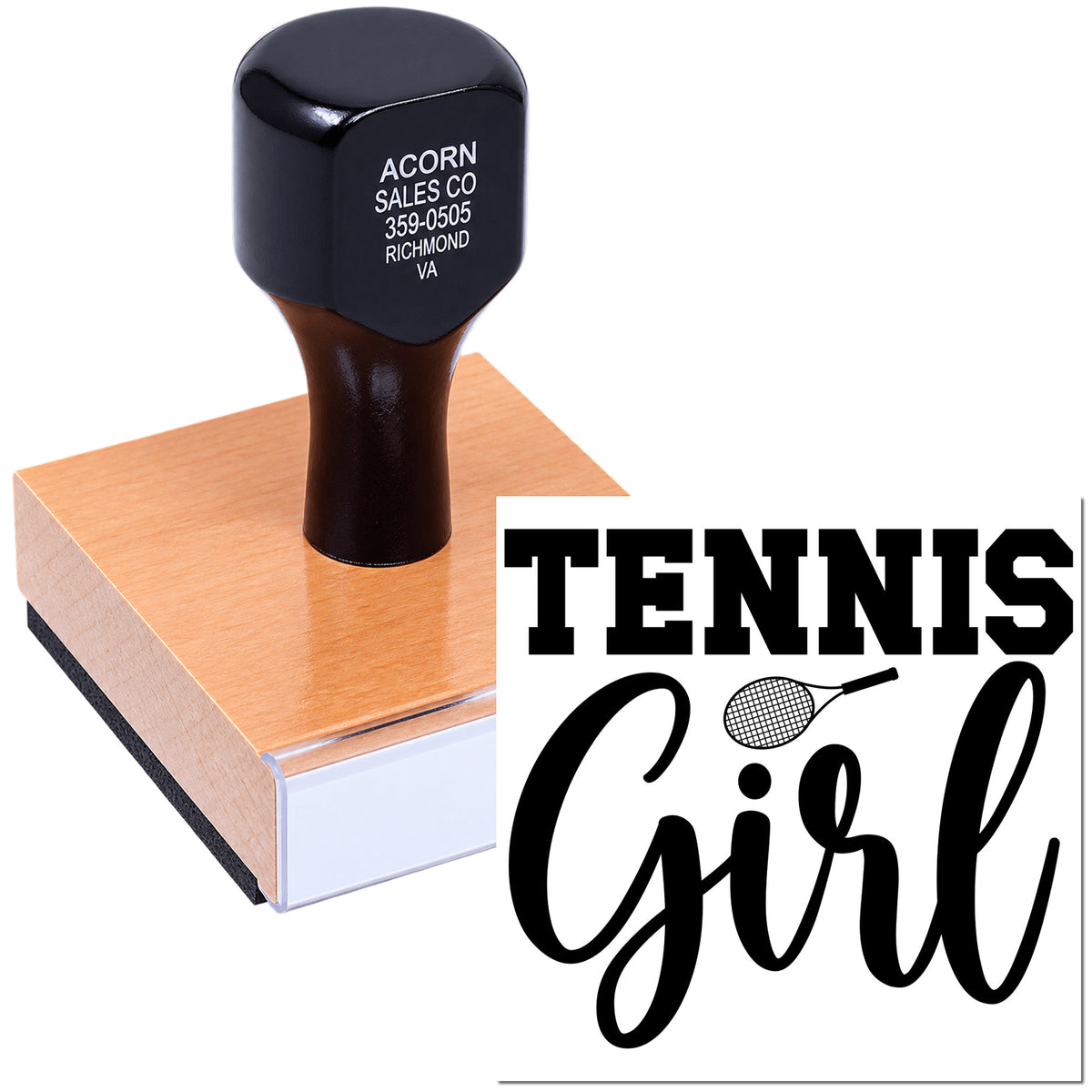 Custom tennis girl rubber stamp on wood base for sports crafts, stationery, and personalized tennis-themed projects.