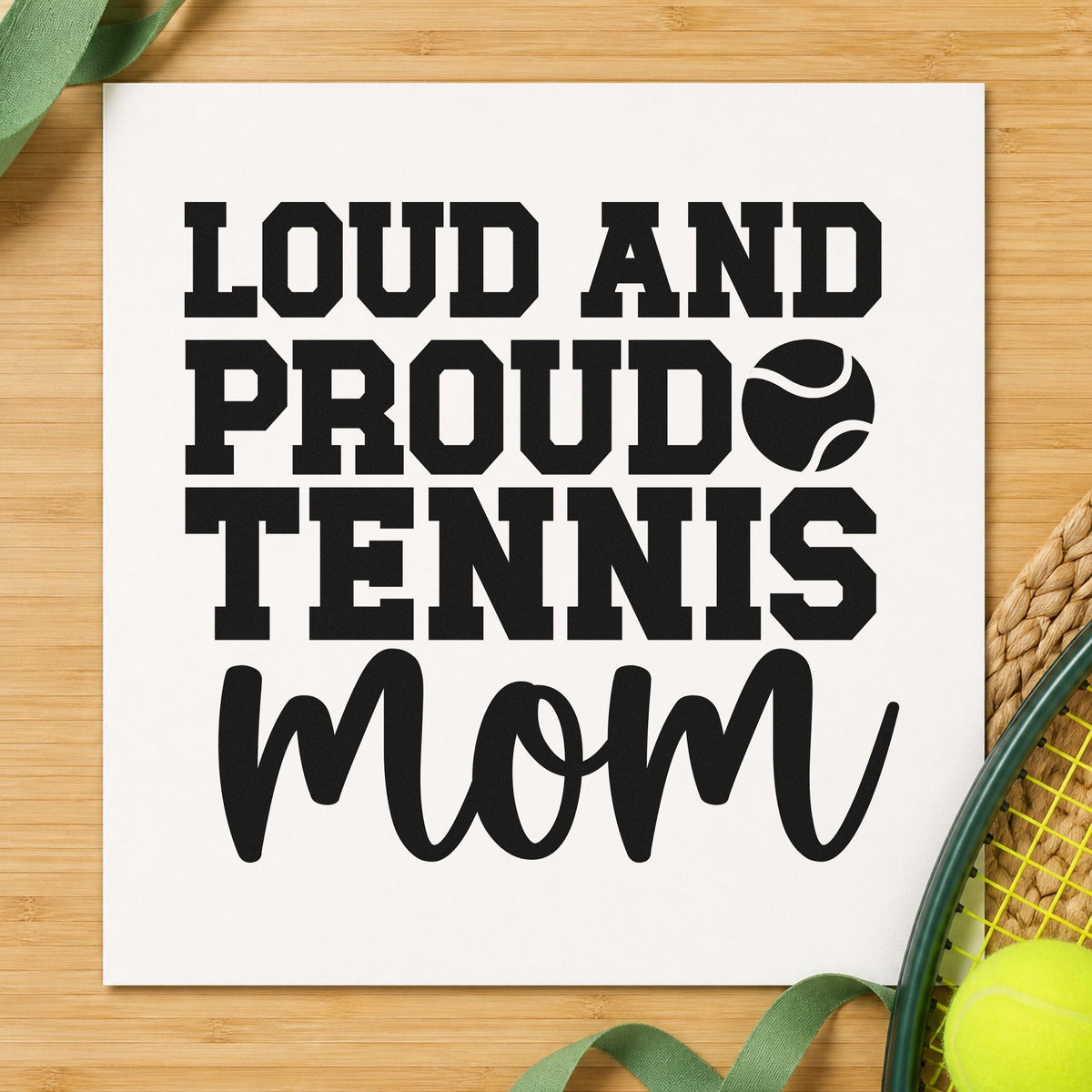 Loud Proud Tennis Mom craft stamp imprint in black ink on a handmade project, one idea being cooler bag gift tags.