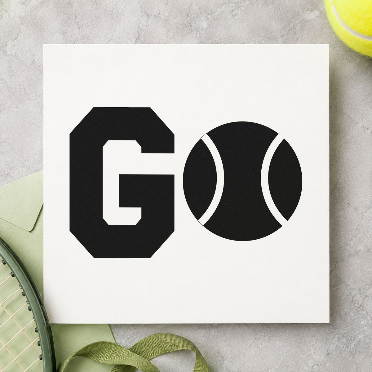 Go Tennis Ball Letter craft stamp in black ink on cardstock, an easy option for school match album page.