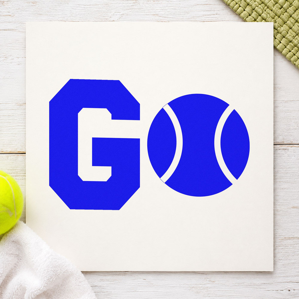 Go Tennis Ball Letter craft stamp in blue ink on cardstock, an easy option for warmup top printing.