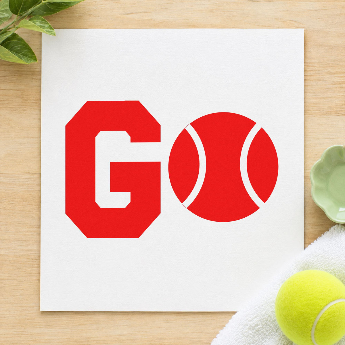 Go Tennis Ball Letter craft stamp imprint in red ink on a handmade project, one idea being line up cards.