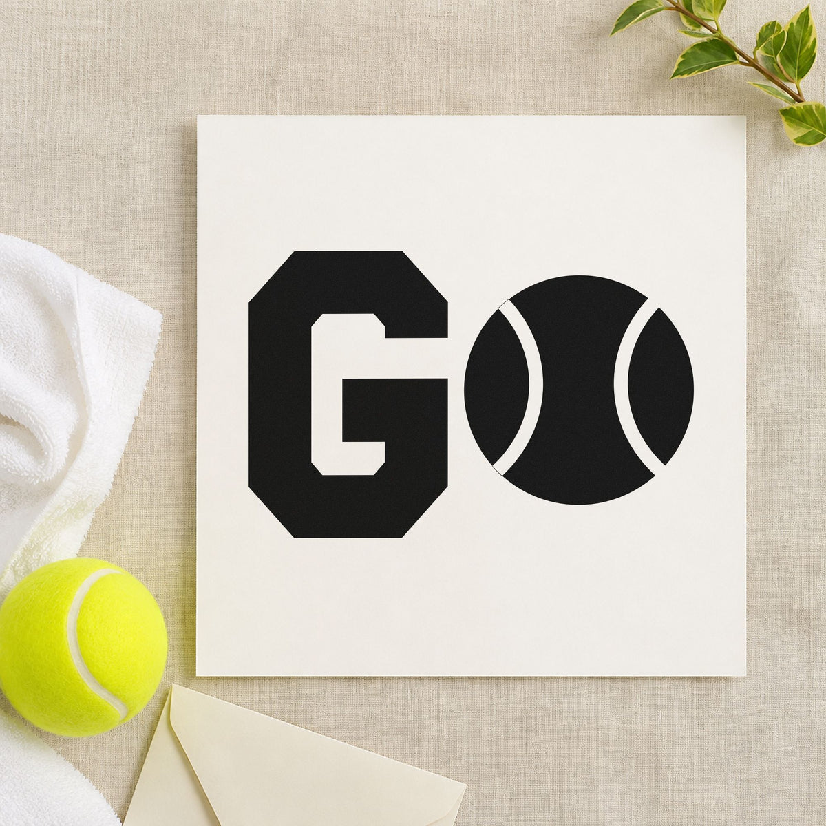 Go Tennis Ball Letter rubber stamp printed in black ink, ready for ball letter cards and similar paper crafts.