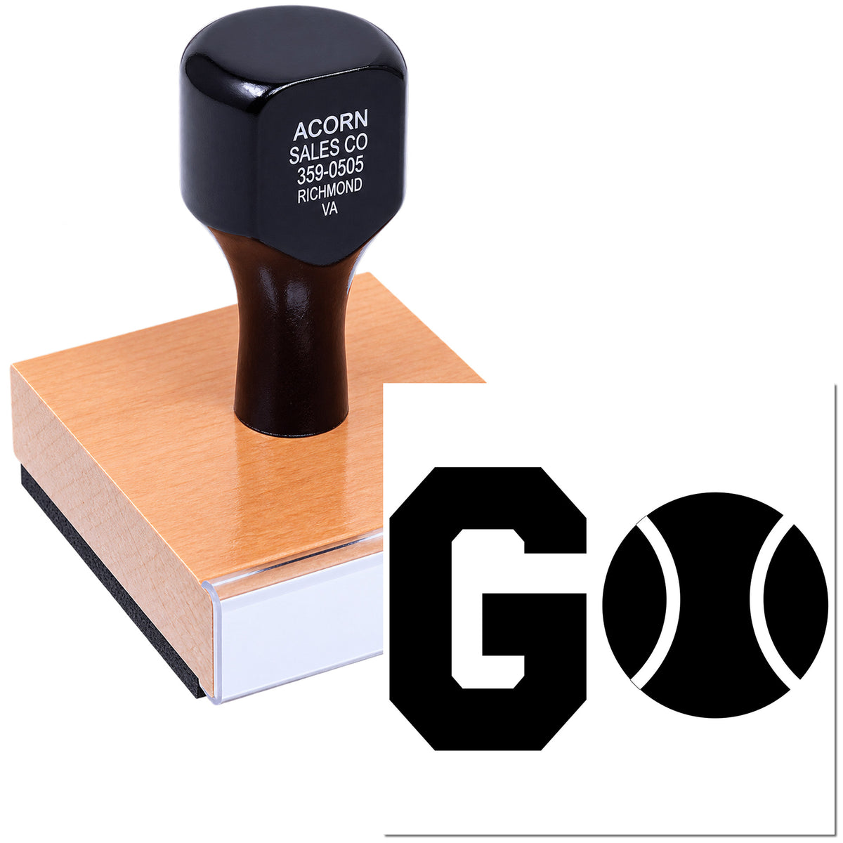 Custom rubber stamp with handle on wood block for business branding, featuring a bold G and tennis ball logo design.