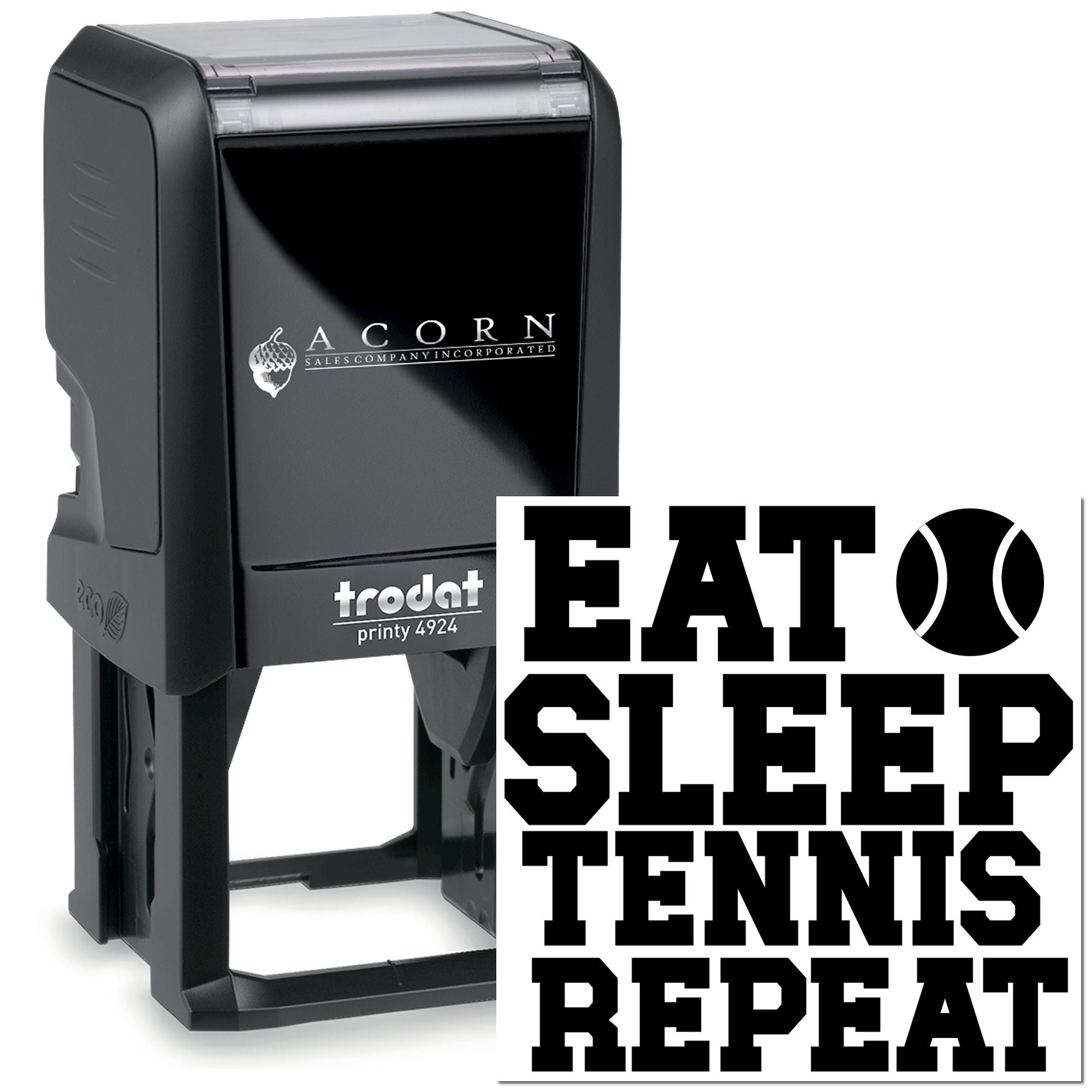 Custom self-inking rubber stamp with Eat Sleep Tennis Repeat design for tennis fans, coaches, and sports gifts.