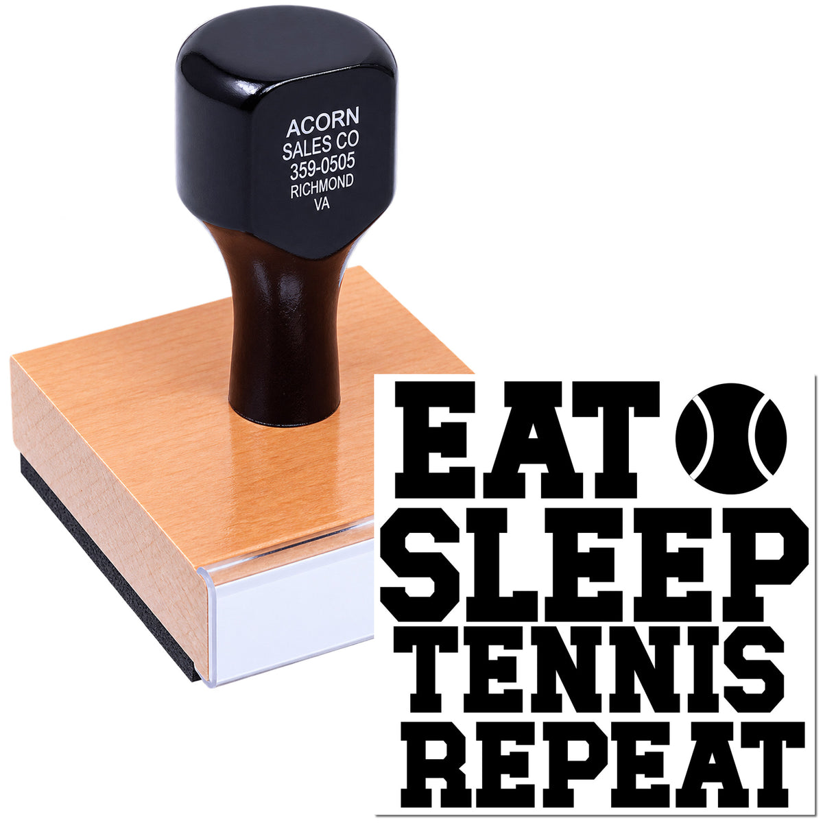 Custom self-inking rubber stamp with Eat Sleep Tennis Repeat design for tennis clubs, coaches, and fans.
