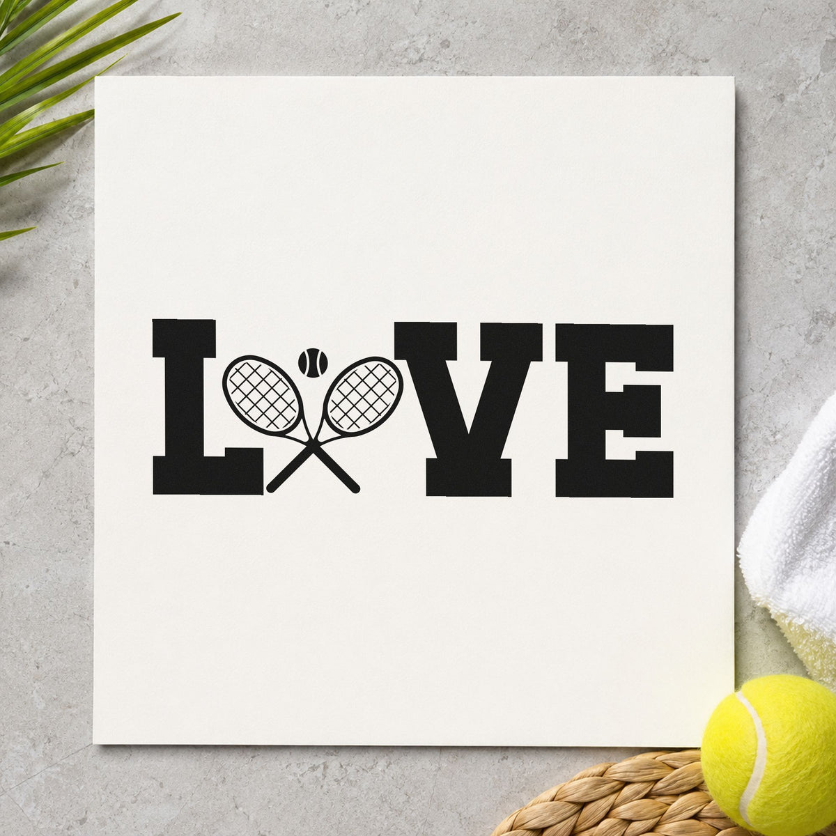Love Crossed Tennis Rackets craft stamp in black ink on cardstock, an easy option for mixed league album page.