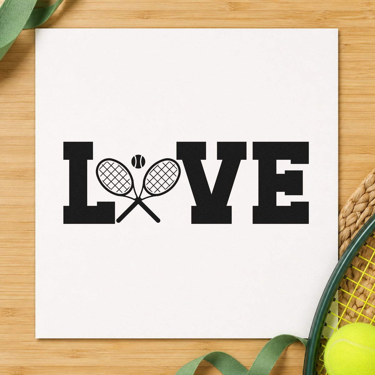 Love Crossed Tennis Rackets craft stamp imprint in black ink on a handmade project, one idea being winner prize tags.