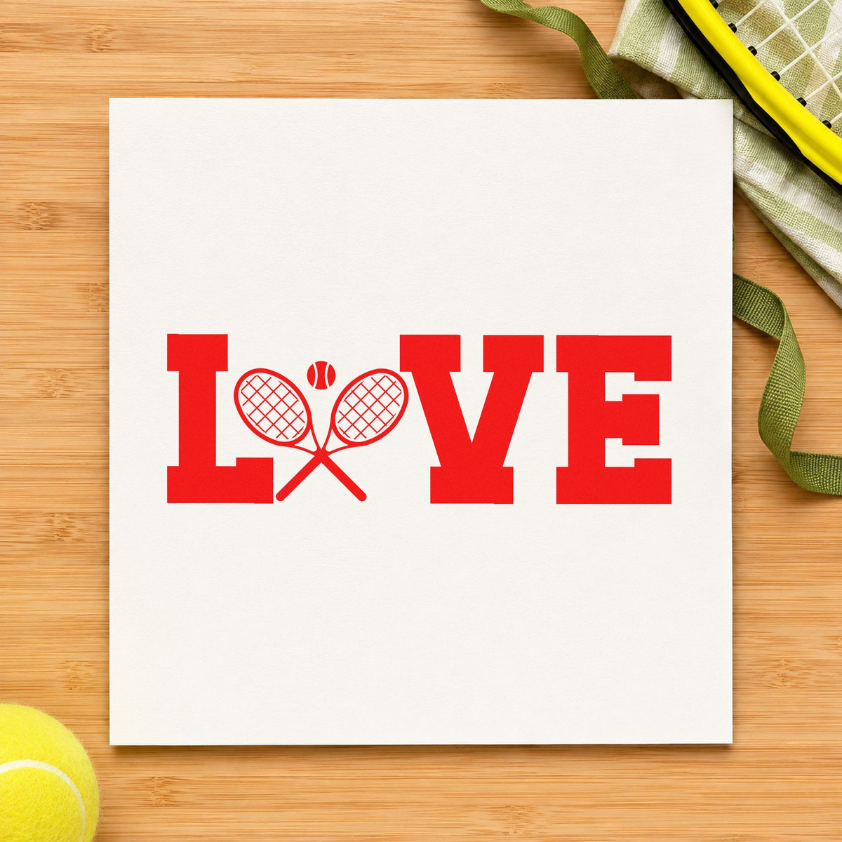 Love Crossed Tennis Rackets rubber stamp shown in red ink, stamped for projects such as bin ball labels.