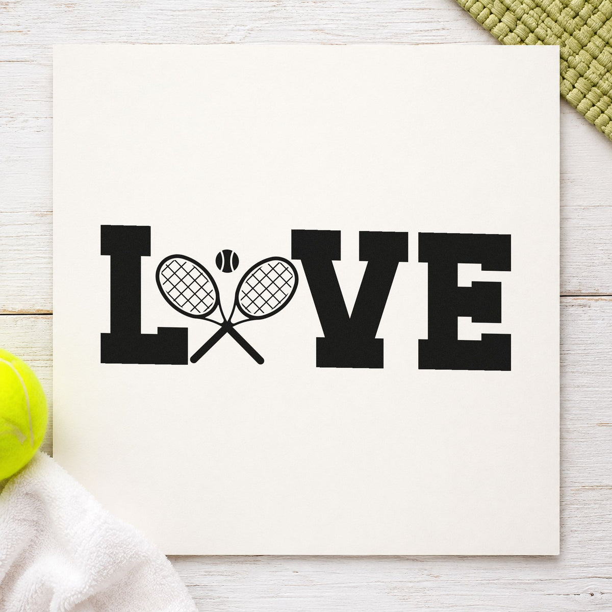 Love Crossed Tennis Rackets rubber stamp printed in black ink, ready for crossed racket cards and similar paper crafts.