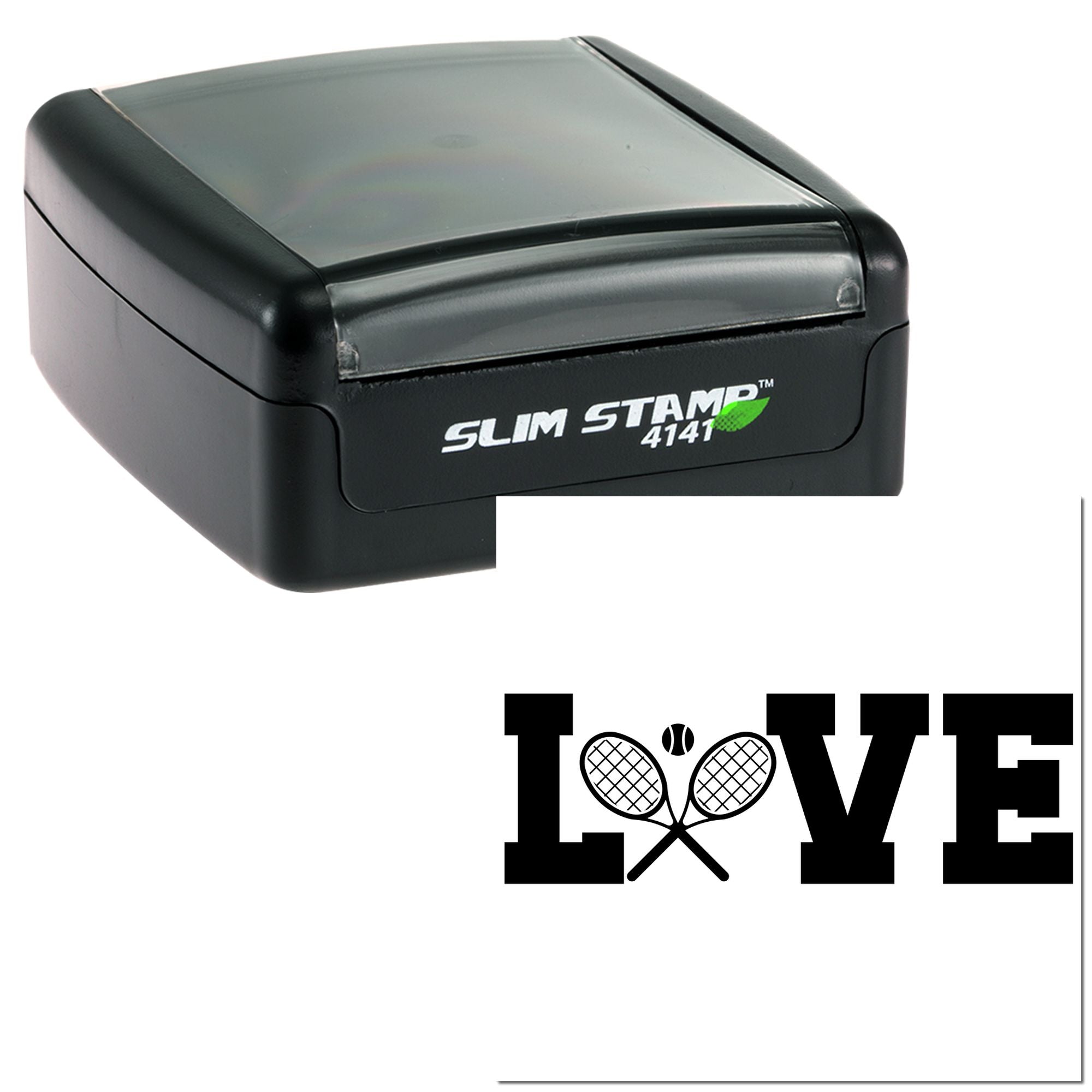 Custom Slim Stamp 4141 self-inking rubber stamp with LOVE tennis design for personalized sports-themed stamping.