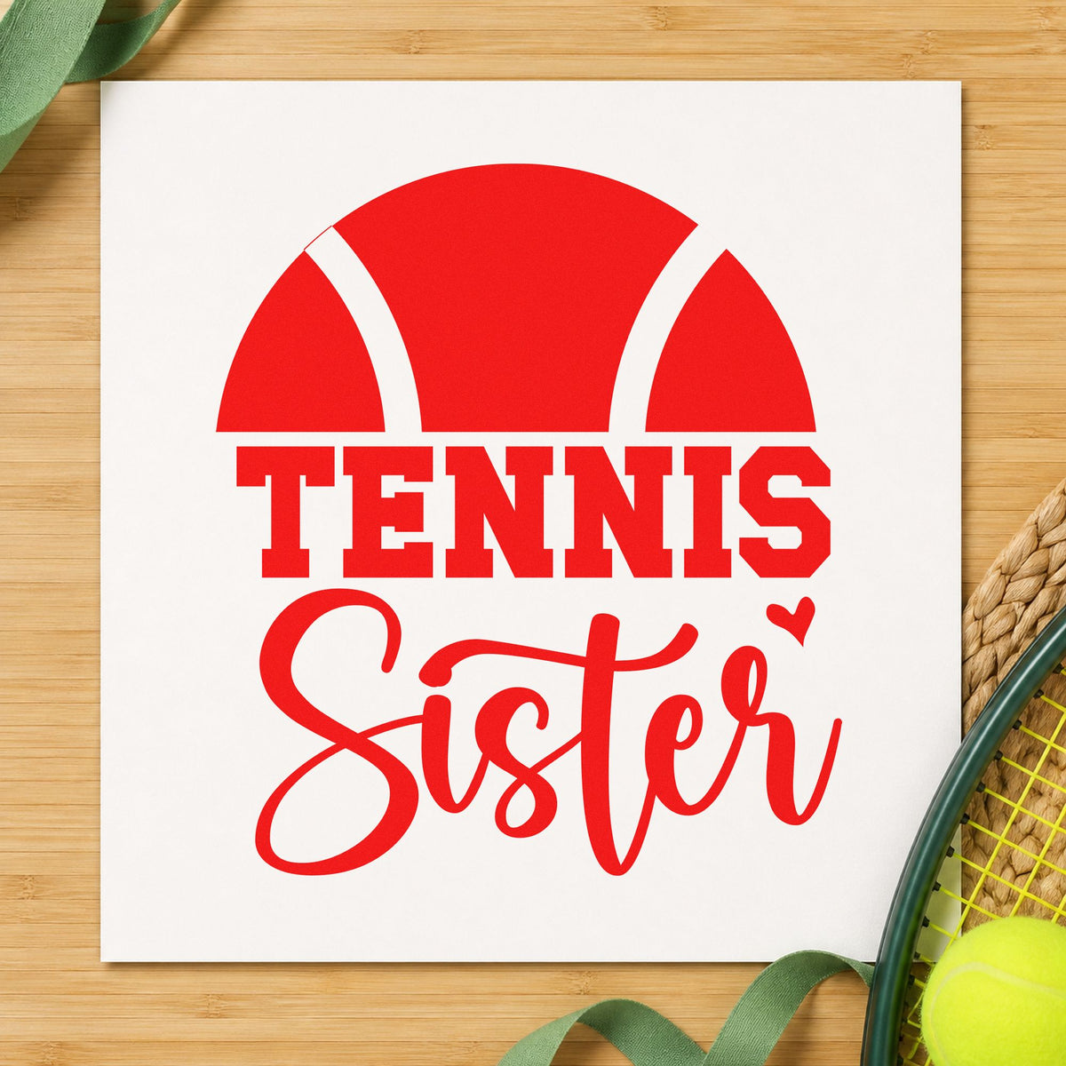 Tennis Sister Half Ball rubber stamp shown in red ink, stamped for projects such as bin fan labels.