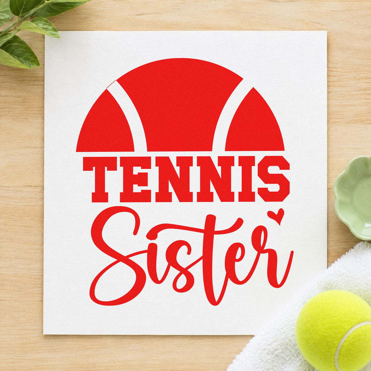 Tennis Sister Half Ball craft stamp imprint in red ink on a handmade project, one idea being cheer word cards.
