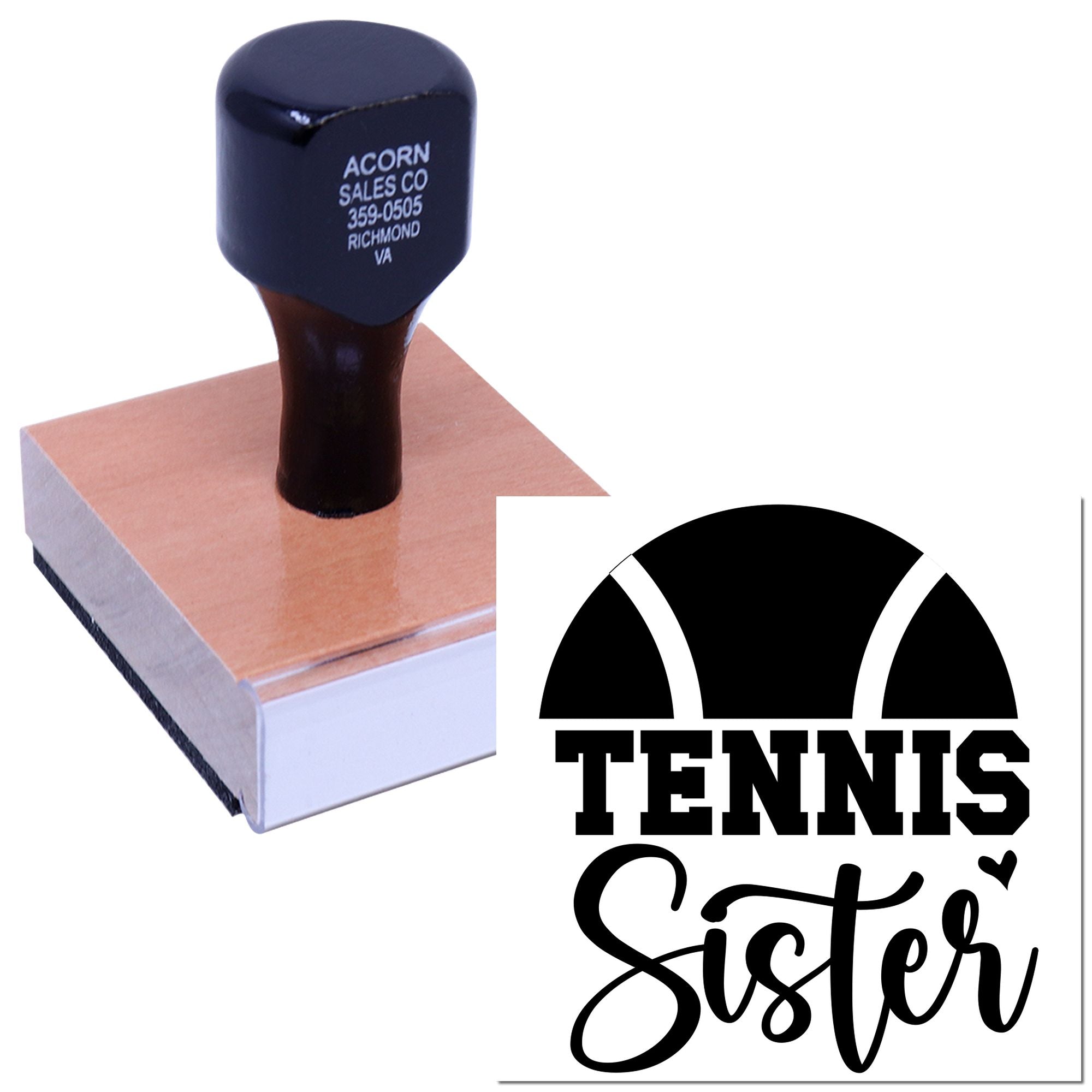 Custom self-inking rubber stamp featuring Tennis Sister logo for personalized tennis gifts, crafts, and stationery.
