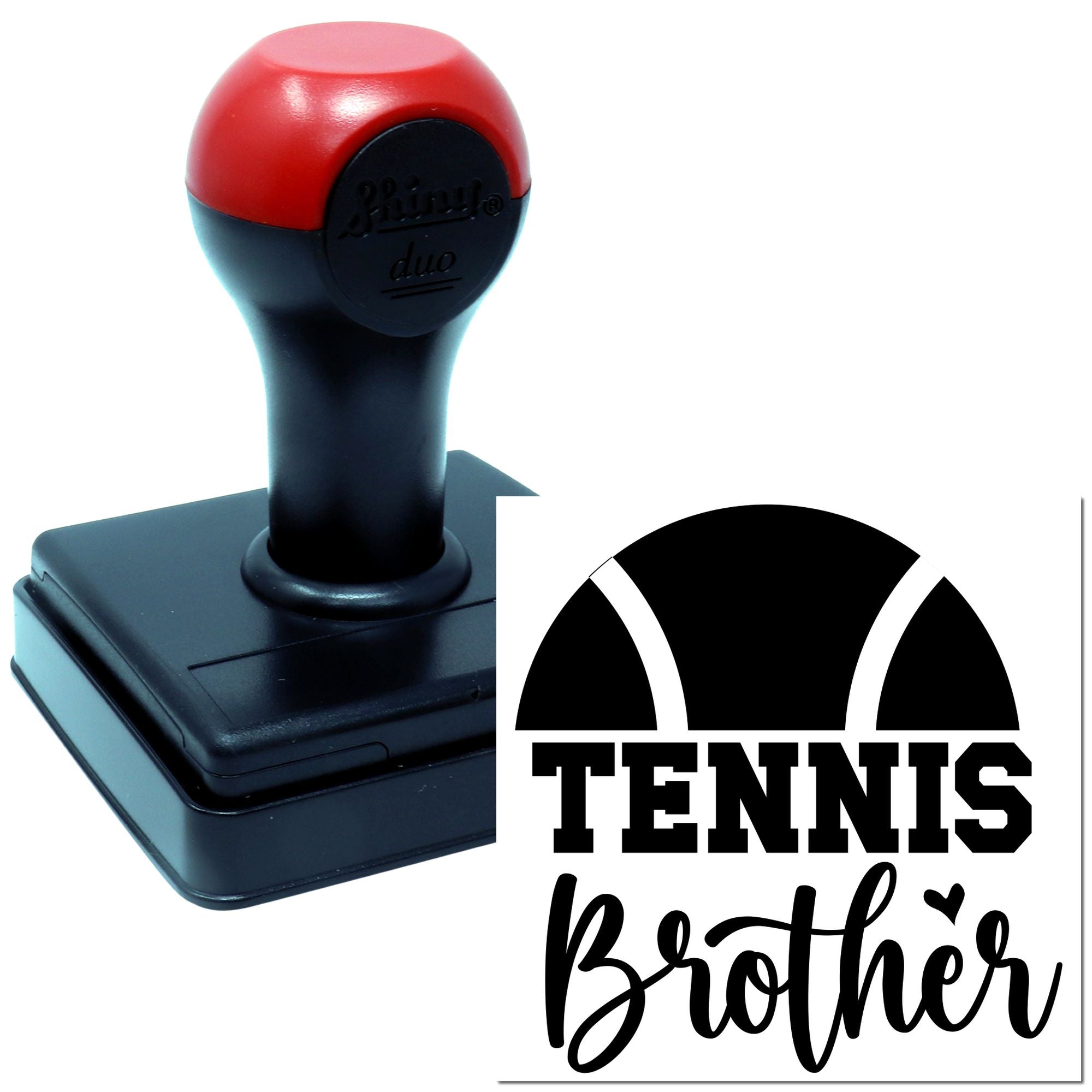 Custom self-inking tennis brother rubber stamp with tennis ball design for personalized sports crafts and stationery.