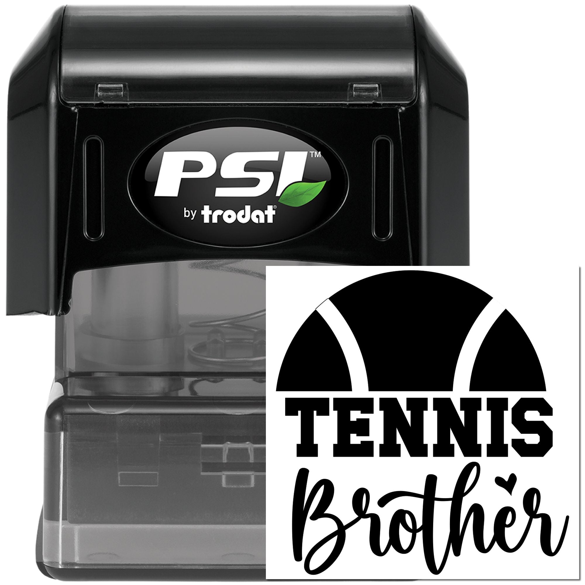 Custom self-inking rubber stamp for Tennis Brother with tennis ball design, PSI by Trodat, ideal for personalized gifts.