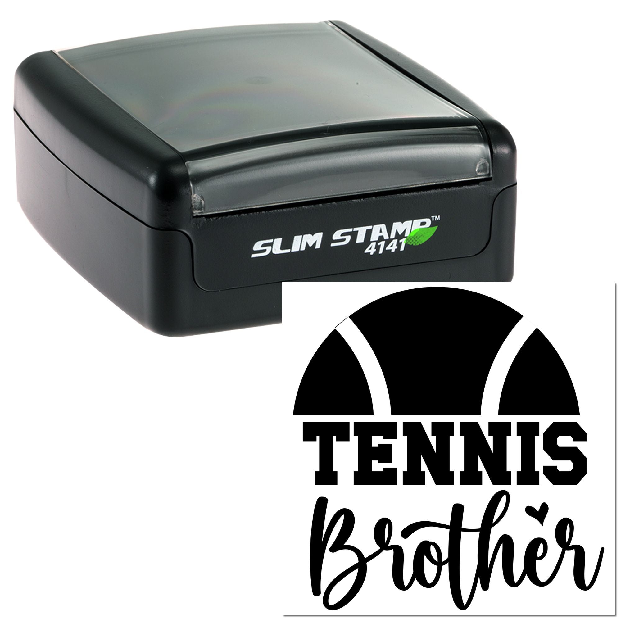 Self-inking rubber stamp with custom tennis brother design for personalized sports gifts and stationery.