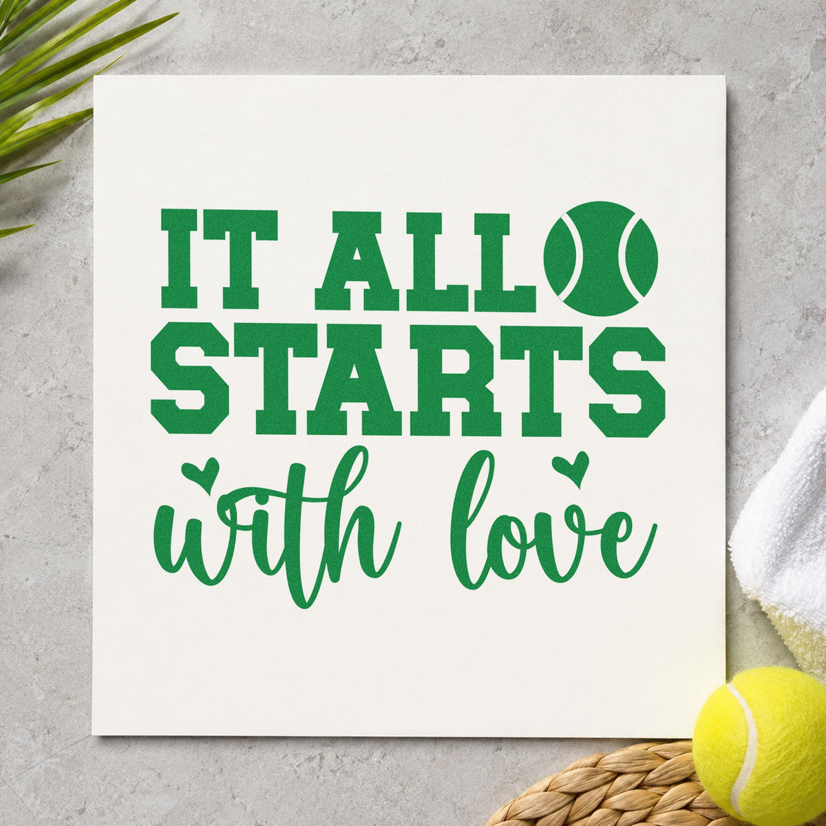 It Starts With Love craft stamp in green ink on cardstock, an easy option for beginner album page.