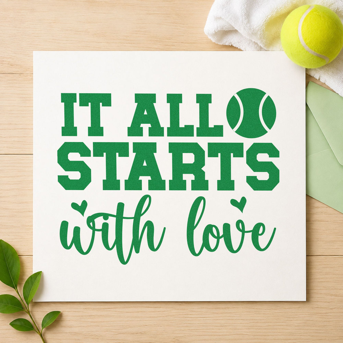 It Starts With Love craft stamp imprint in green ink on a handmade project, one idea being rule basics cards.