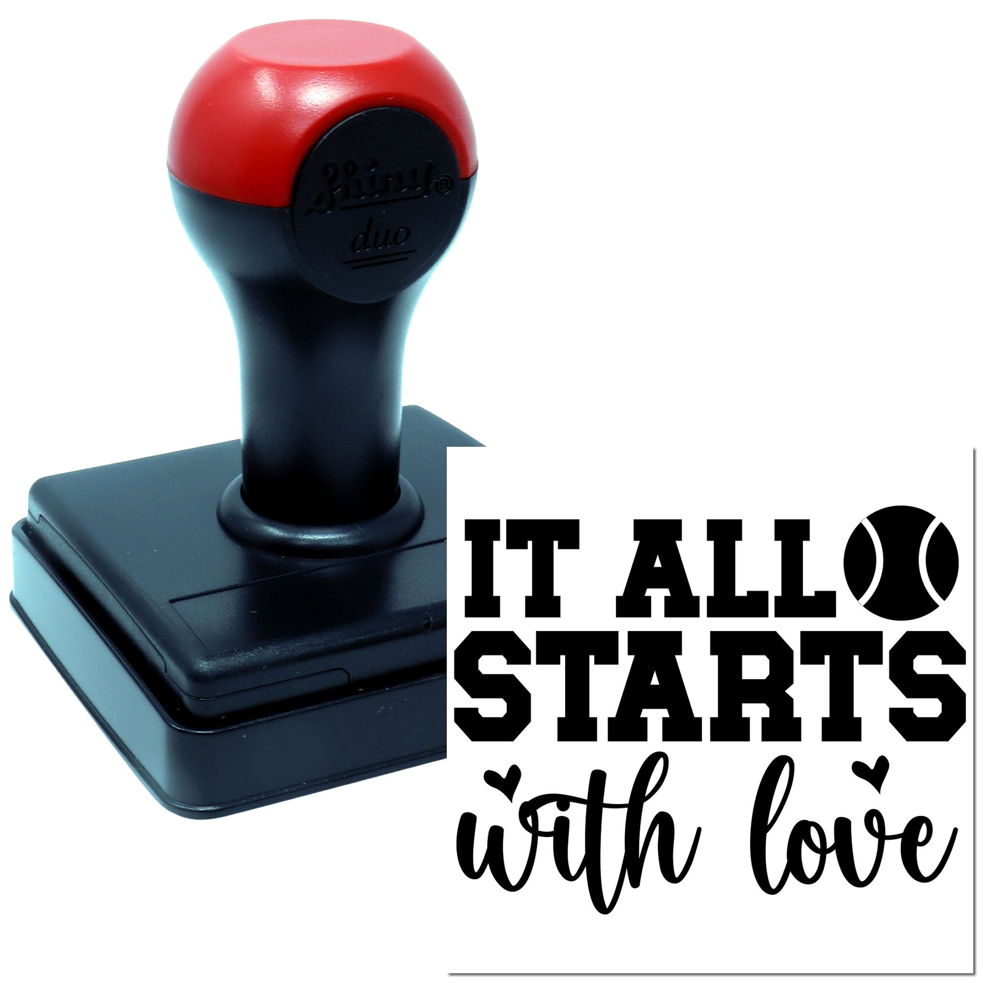 Self-inking rubber stamp with It All Starts With Love design for handmade cards, crafts, and sentiment branding.