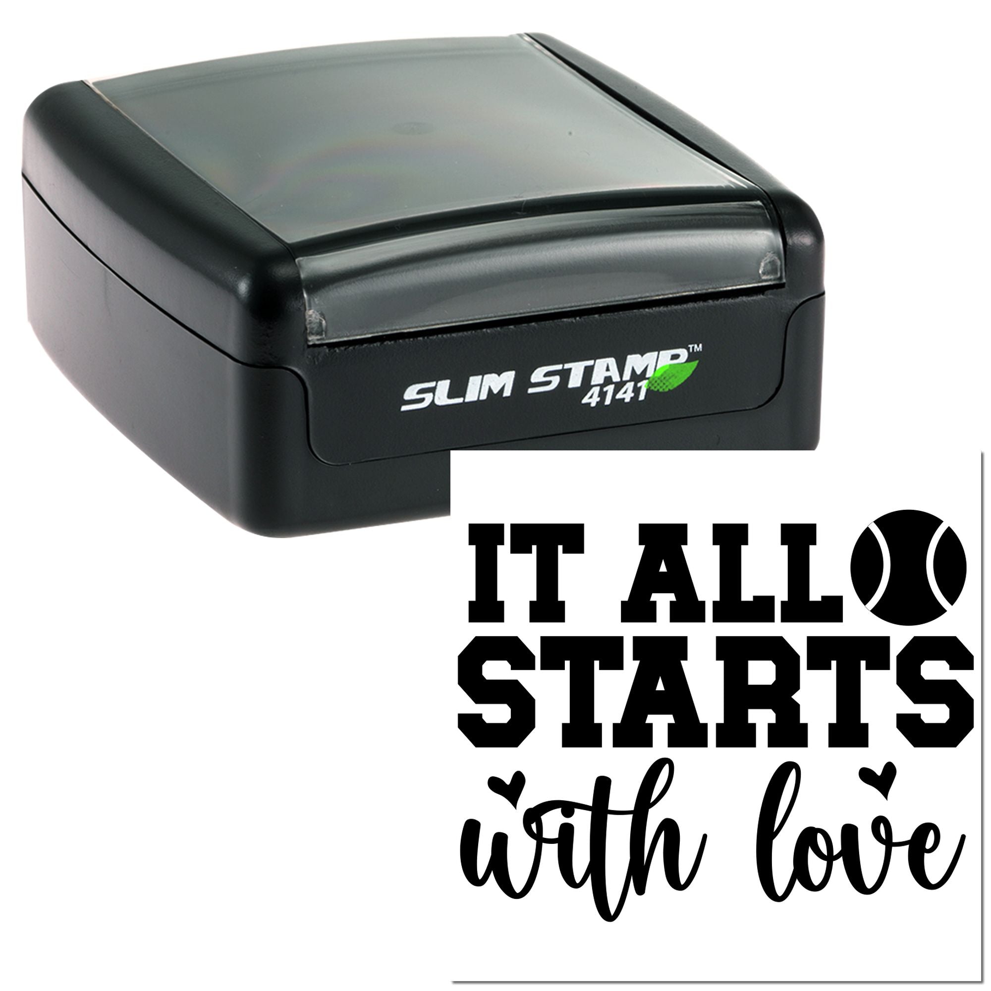Custom self-inking rubber stamp featuring It All Starts With Love imprint design