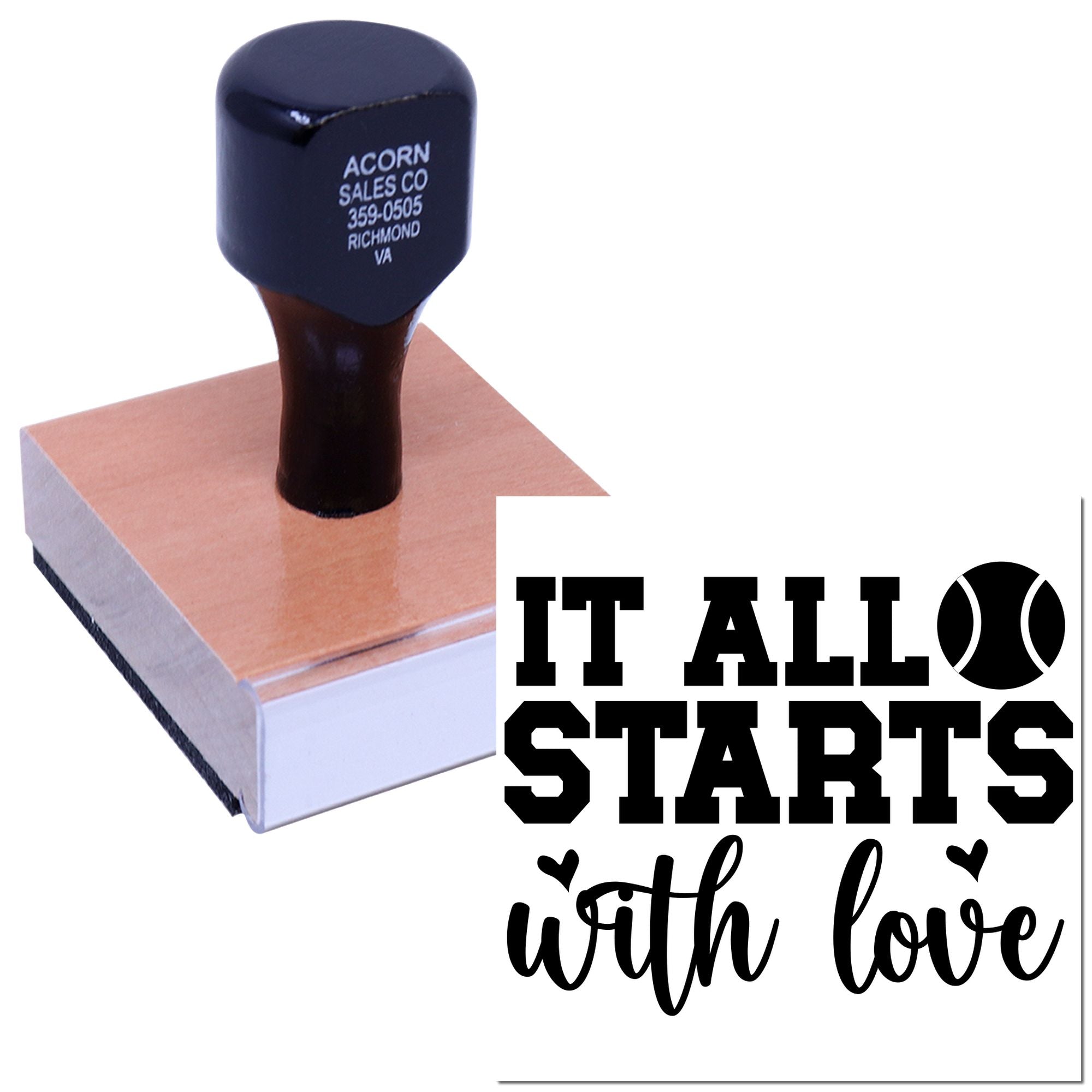 Custom rubber stamp reading It All Starts With Love for crafting, cards, and handmade packaging.