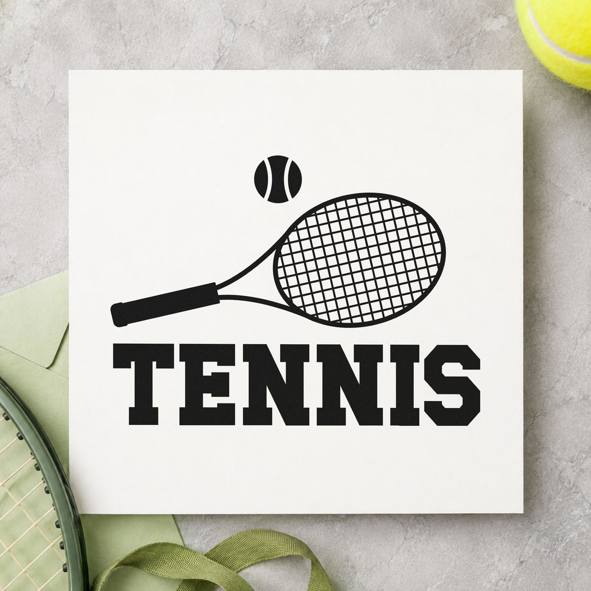 Tennis Racket And Ball craft stamp in black ink on cardstock, an easy option for machine year album page.