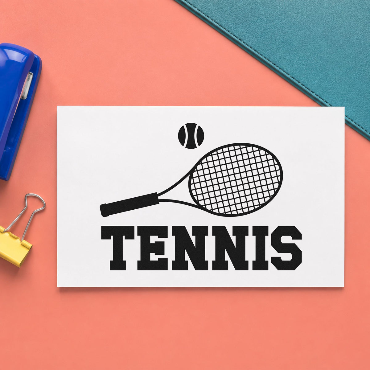 Tennis Racket And Ball rubber stamp printed in black ink, ready for job queue sheet and similar paper crafts.