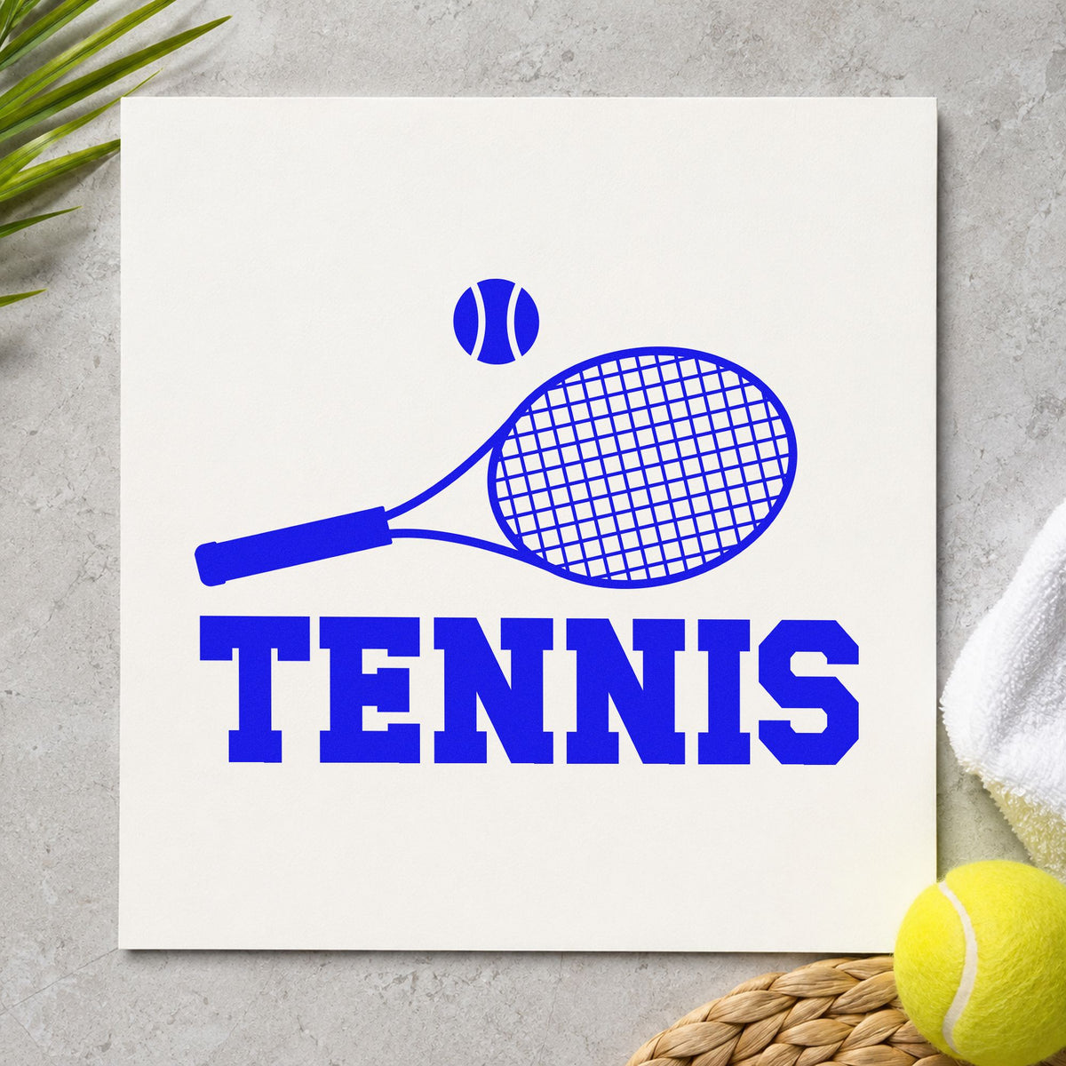 Tennis Racket And Ball craft stamp imprinted in blue ink on paper, a design suited to framed string bench.