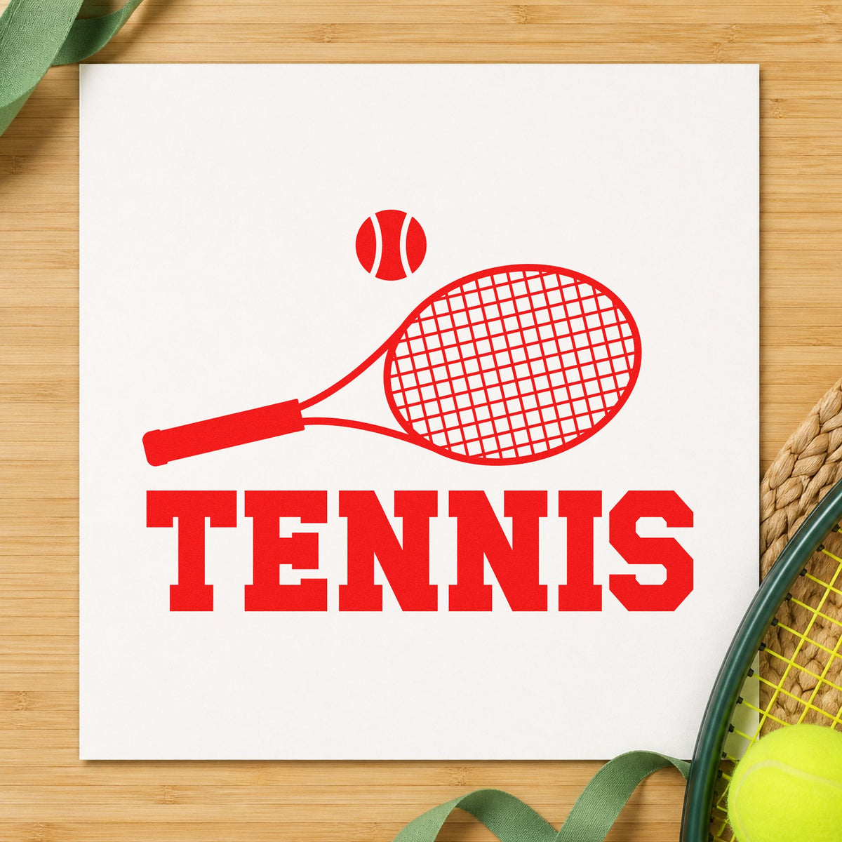 Tennis Racket And Ball rubber stamp shown in red ink, stamped for projects such as drawer string labels.