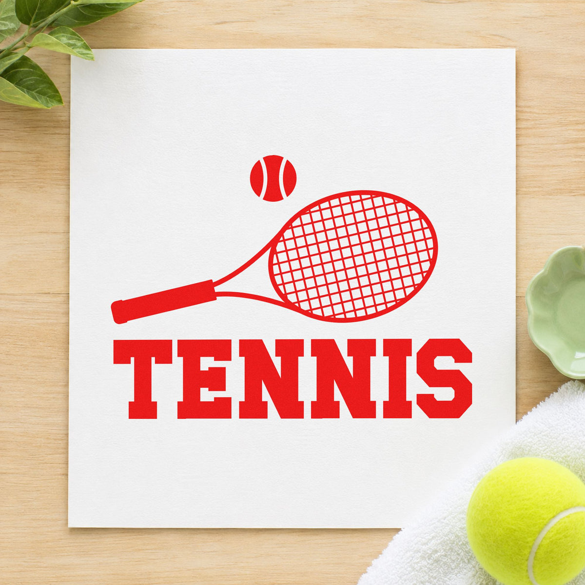 Tennis Racket And Ball craft stamp imprint in red ink on a handmade project, one idea being tension note cards.