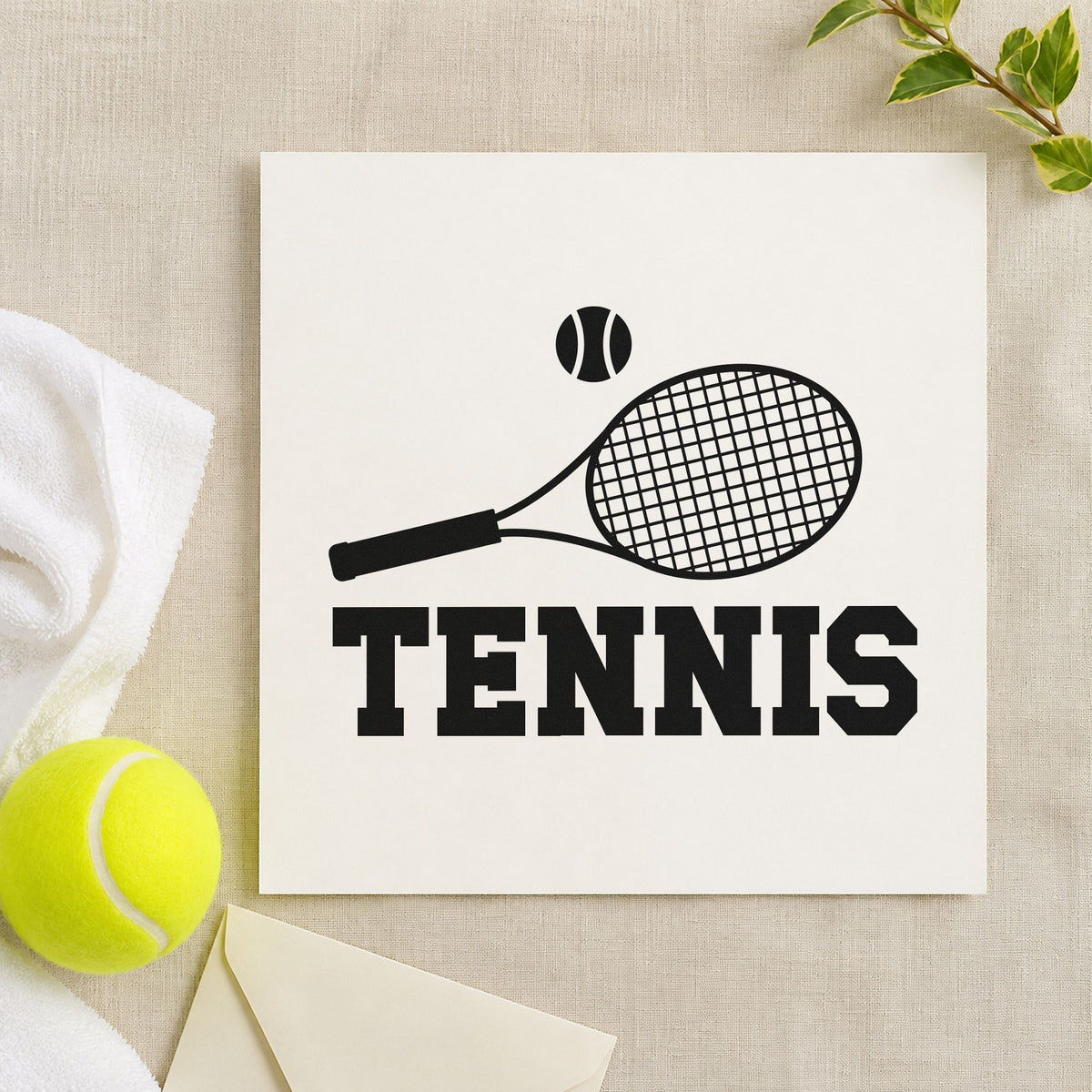 Tennis Racket And Ball rubber stamp printed in black ink, ready for tilted racket cards and similar paper crafts.