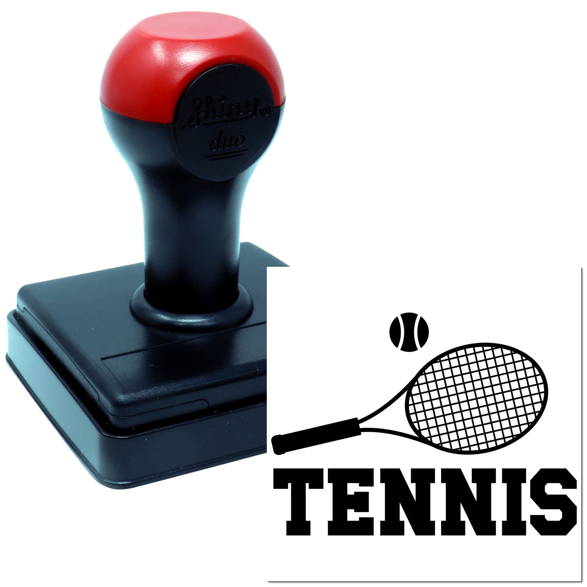 Custom self-inking tennis rubber stamp with ball and racquet design for sports clubs, coaches, and tournament crafts.