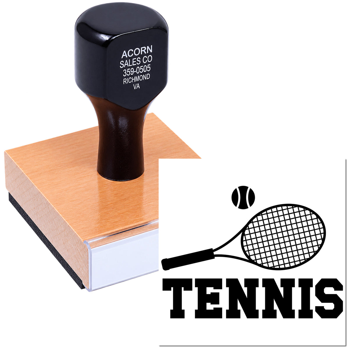 Custom tennis rubber stamp with racket logo for sports clubs, events, and team branding.