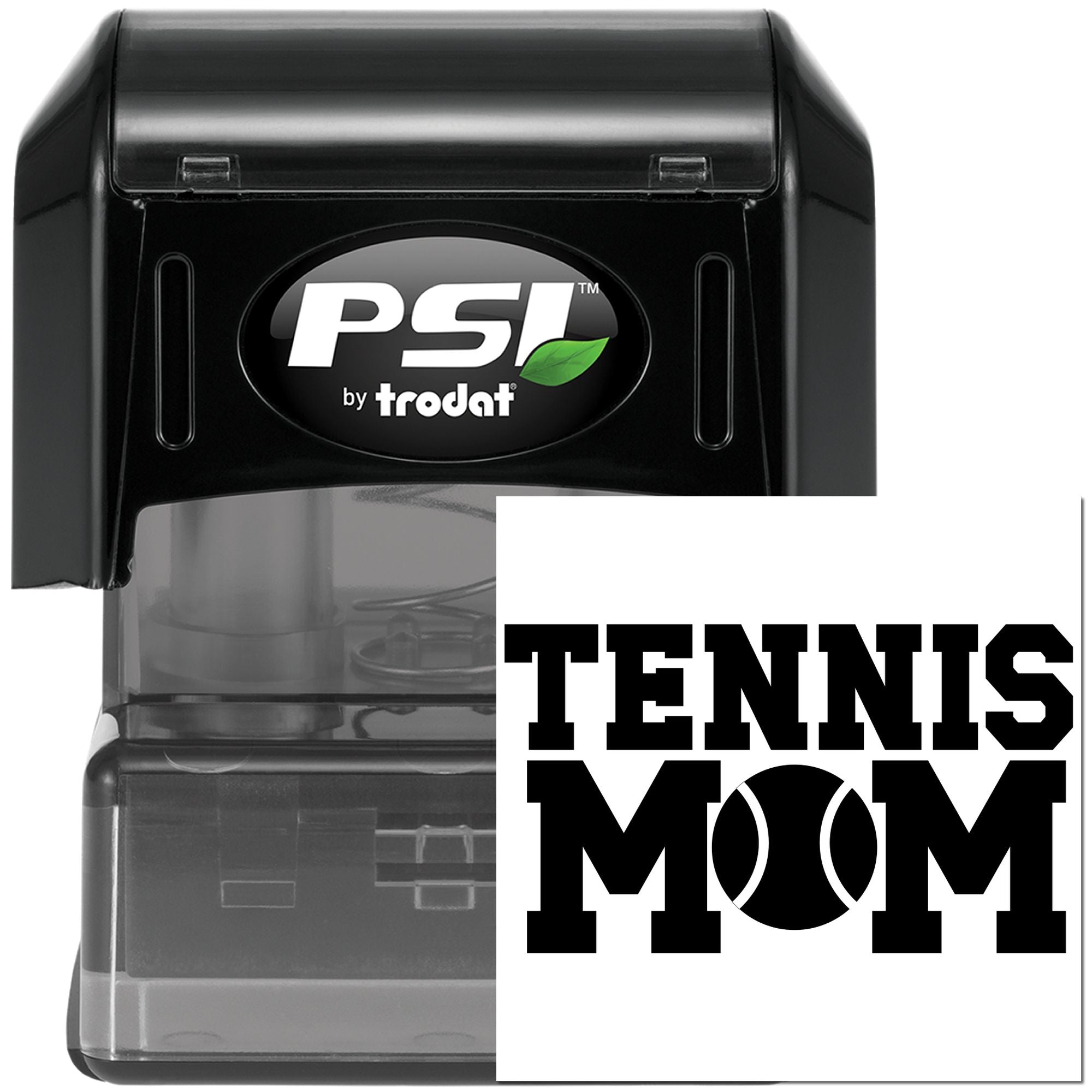 Tennis Mom self-inking rubber stamp by PSI by Trodat for personalized sports crafts, envelopes, and team labeling.