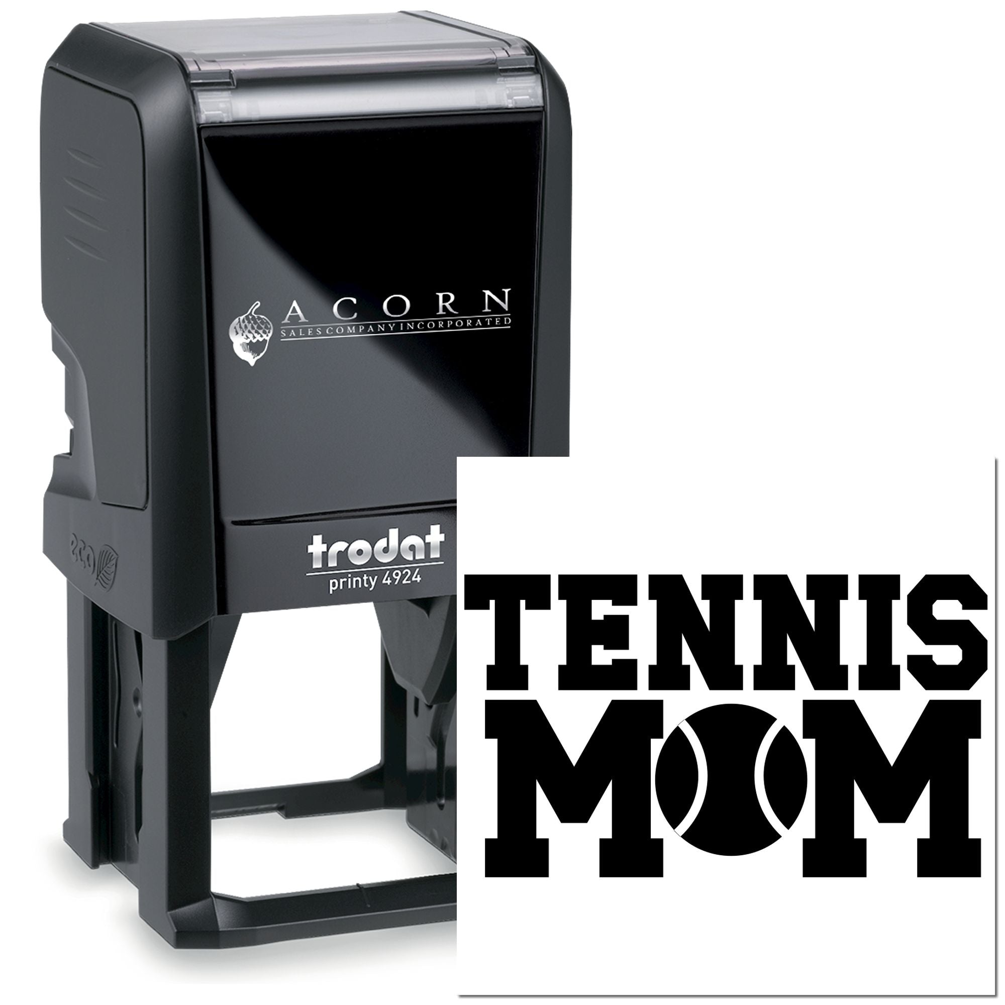 Trodat self-inking custom rubber stamp with Tennis Mom design for personalized branding, crafts, and stationery.