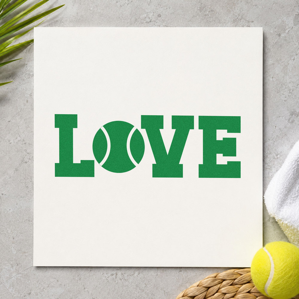 Love Tennis Ball Letter craft stamp in green ink on cardstock, an easy option for mixer album page.