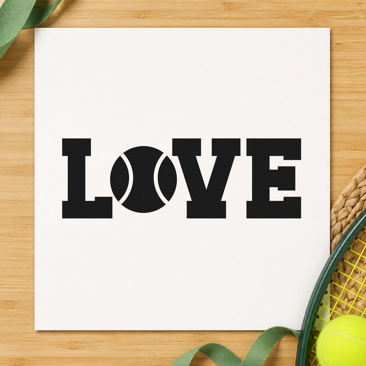 Love Tennis Ball Letter craft stamp imprint in black ink on a handmade project, one idea being favor bag gift tags.