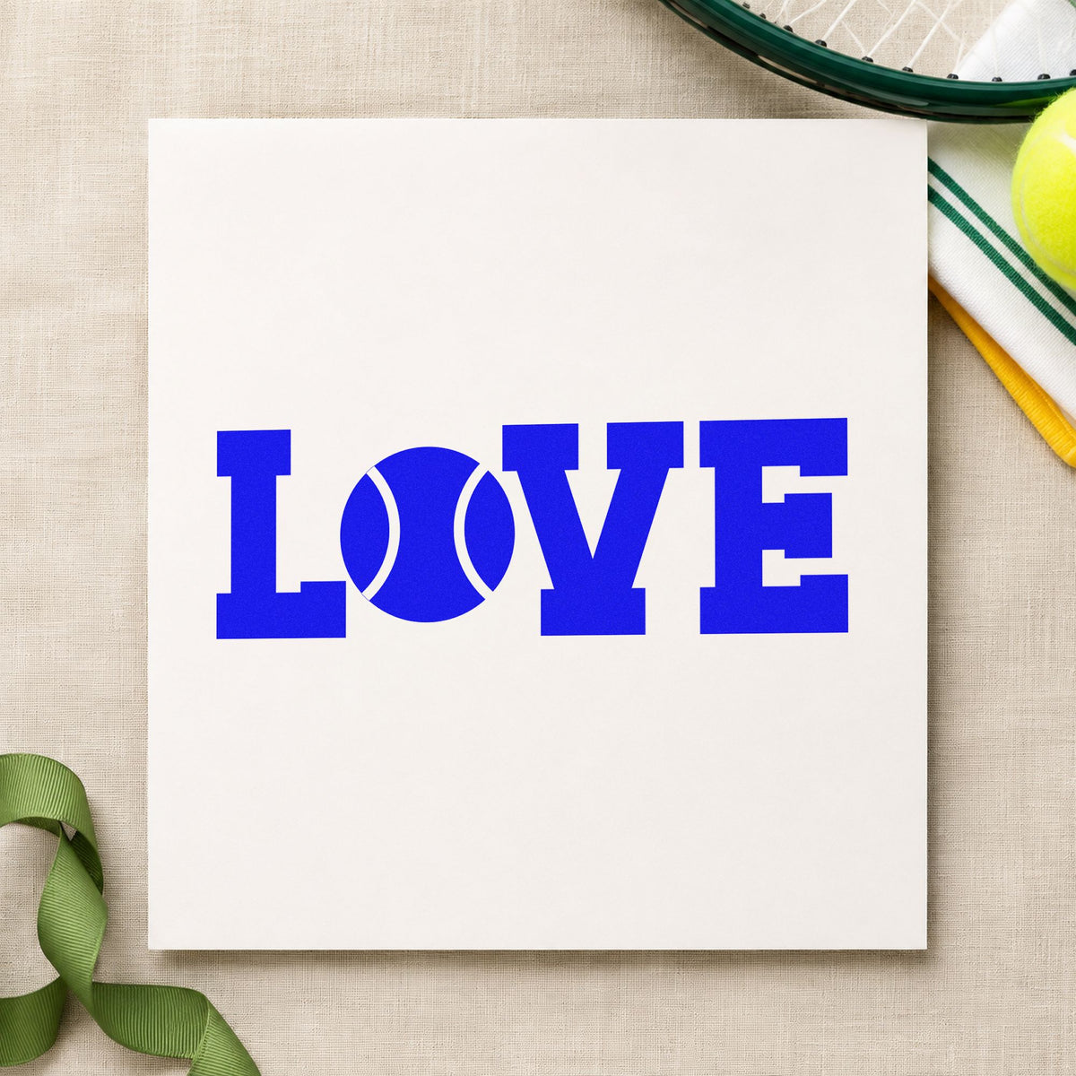 Love Tennis Ball Letter craft stamp in blue ink on cardstock, an easy option for bunting panel printing.